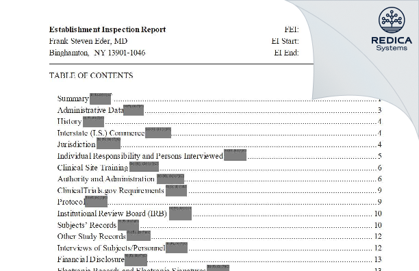 EIR - Frank Steven Eder, MD [Binghamton / United States of America] - Download PDF - Redica Systems