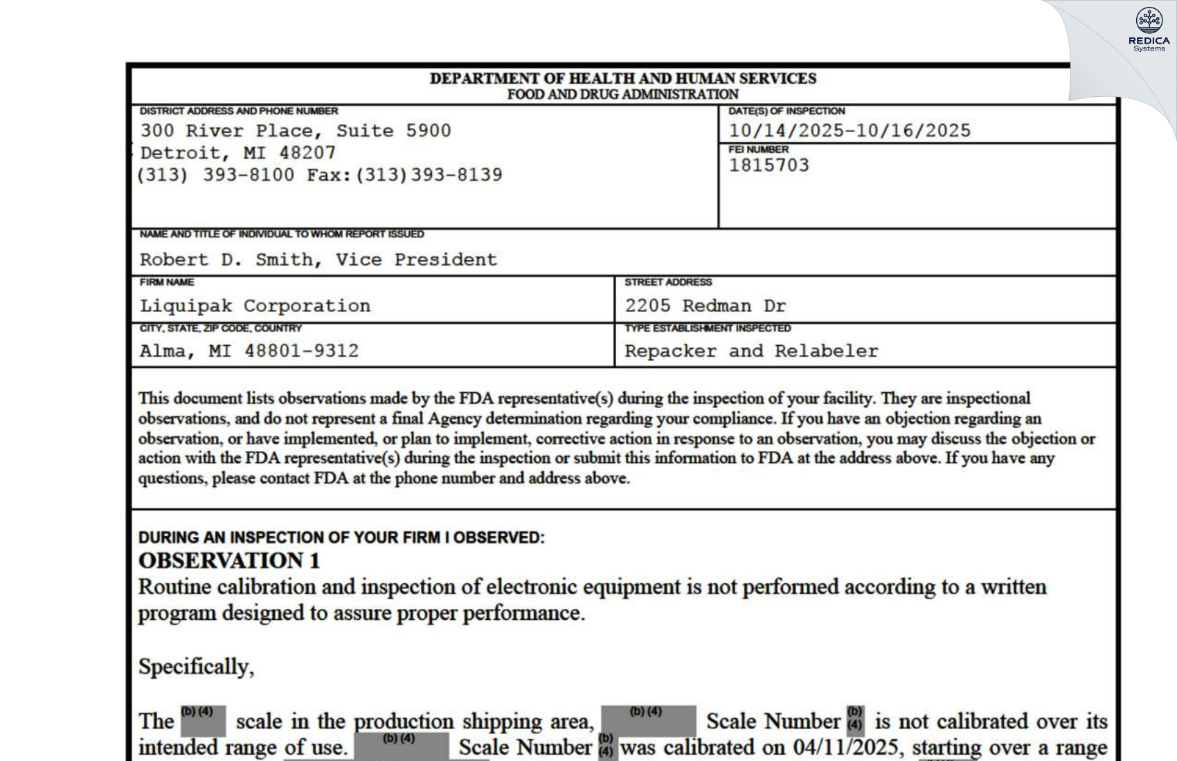 FDA 483 - Liquipak Corporation [Alma / United States of America] - Download PDF - Redica Systems