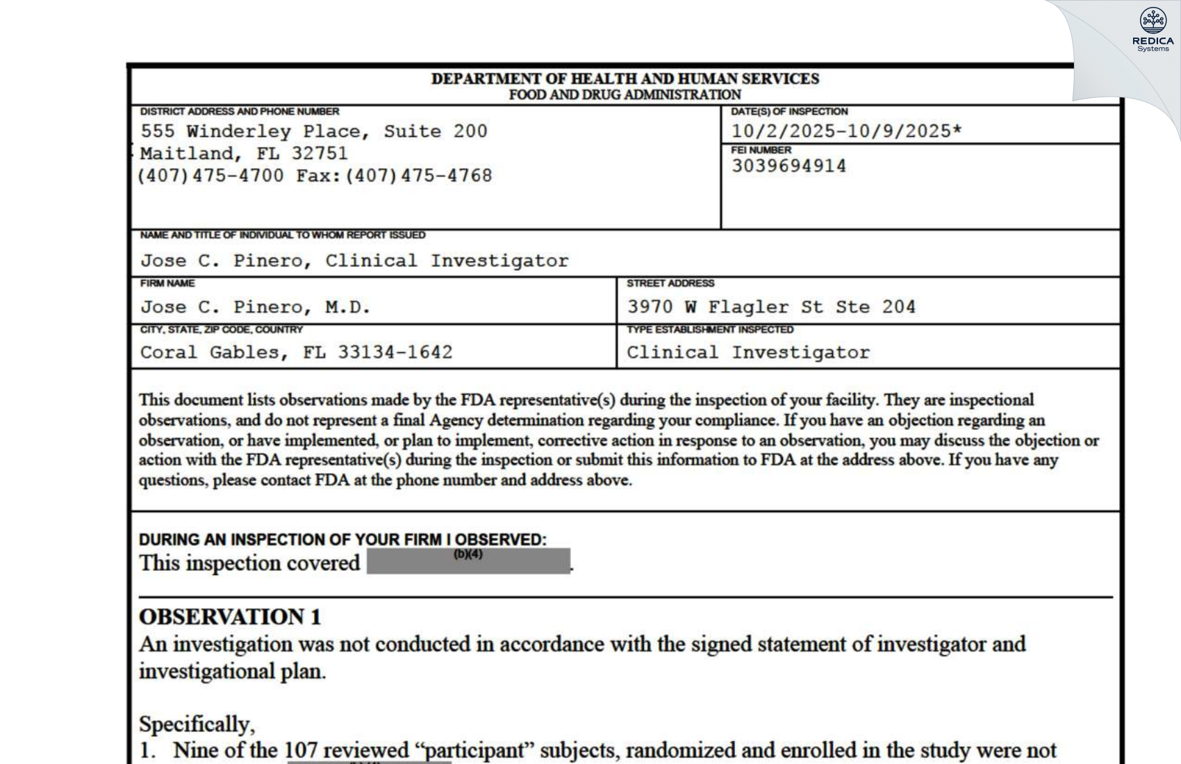 FDA 483 - Jose C. Pinero, M.D. [Coral Gables / United States of America] - Download PDF - Redica Systems