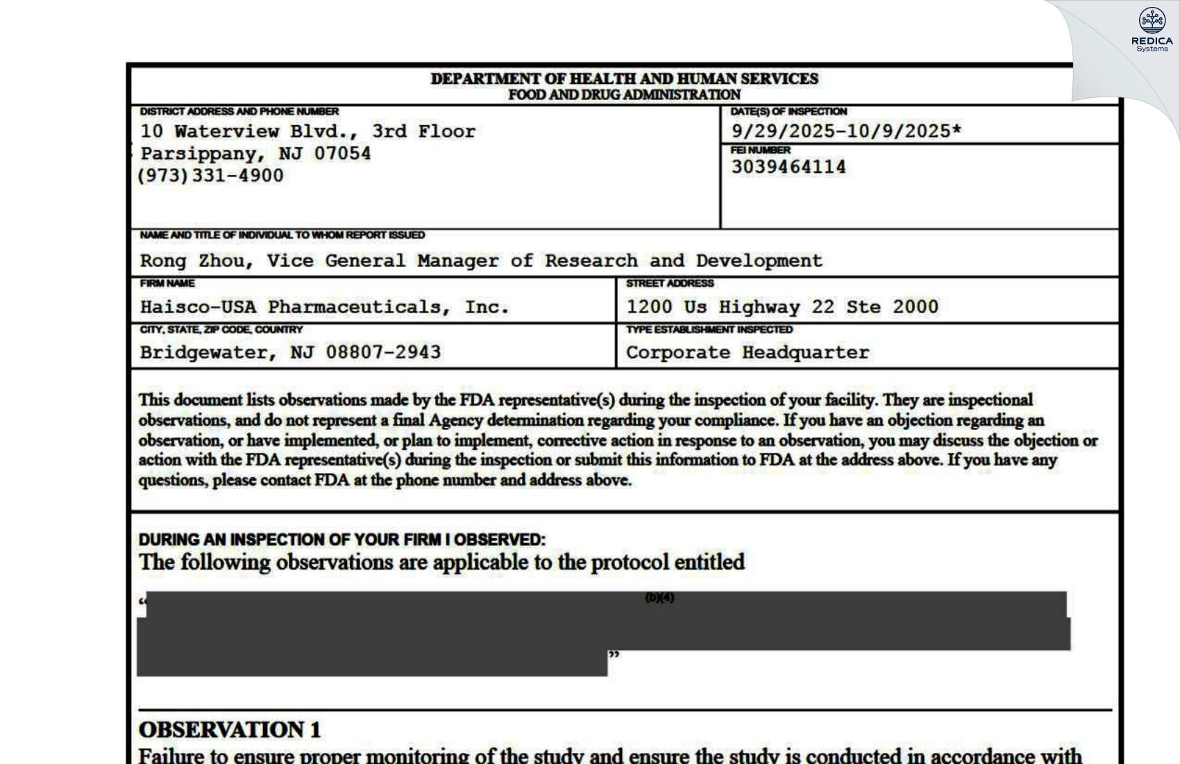 FDA 483 - Haisco-USA Pharmaceuticals, Inc. [Bridgewater / United States of America] - Download PDF - Redica Systems