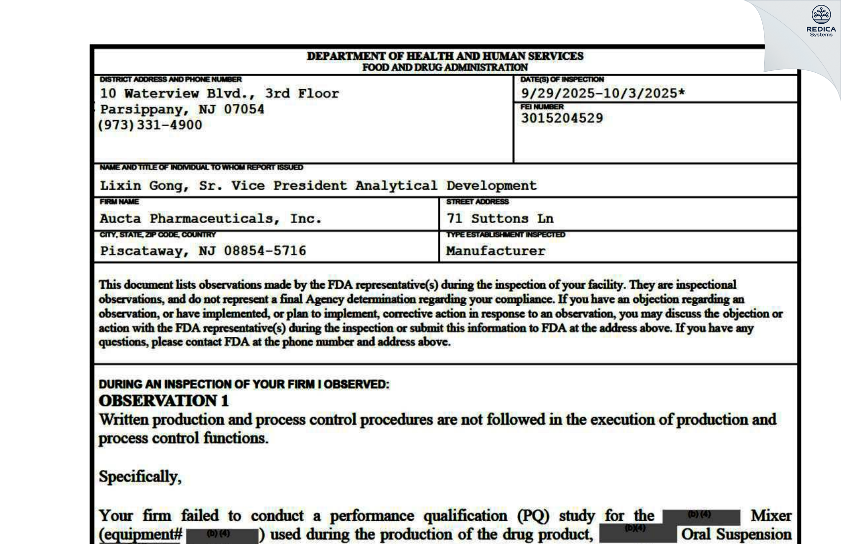 FDA 483 - Aucta Pharmaceuticals, Inc. [Piscataway / United States of America] - Download PDF - Redica Systems