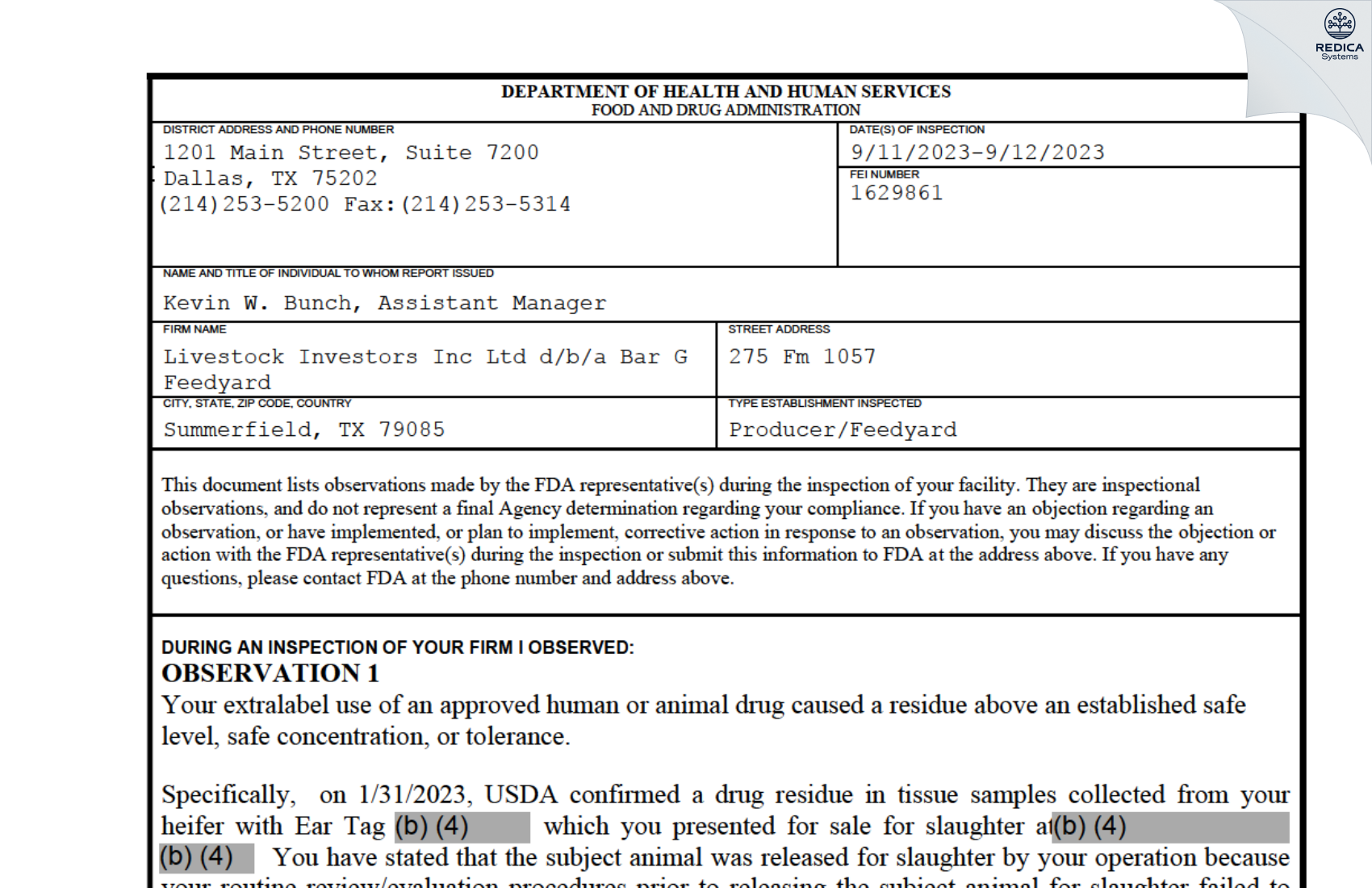 FDA 483 - Livestock Investors Inc Ltd d/b/a Bar G Feedyard [Summerfield / United States of America] - Download PDF - Redica Systems