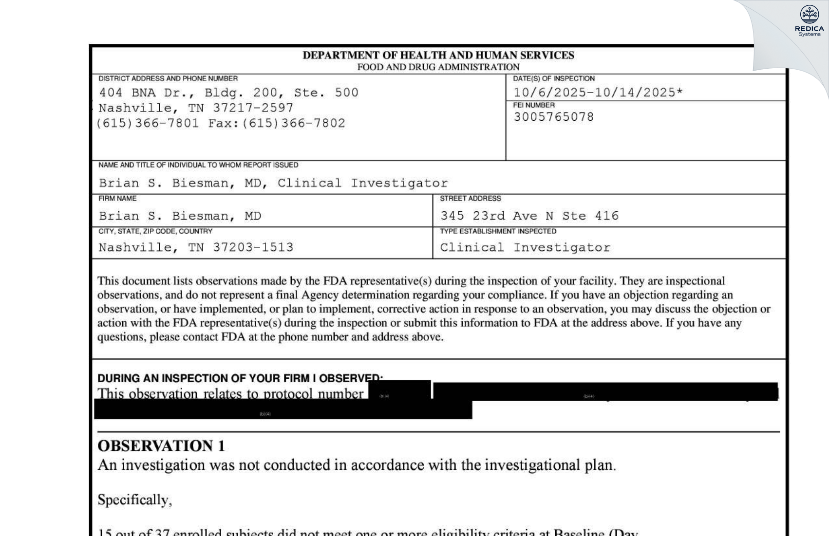 FDA 483 - Brian S. Biesman, M.D. [Nashville / United States of America] - Download PDF - Redica Systems