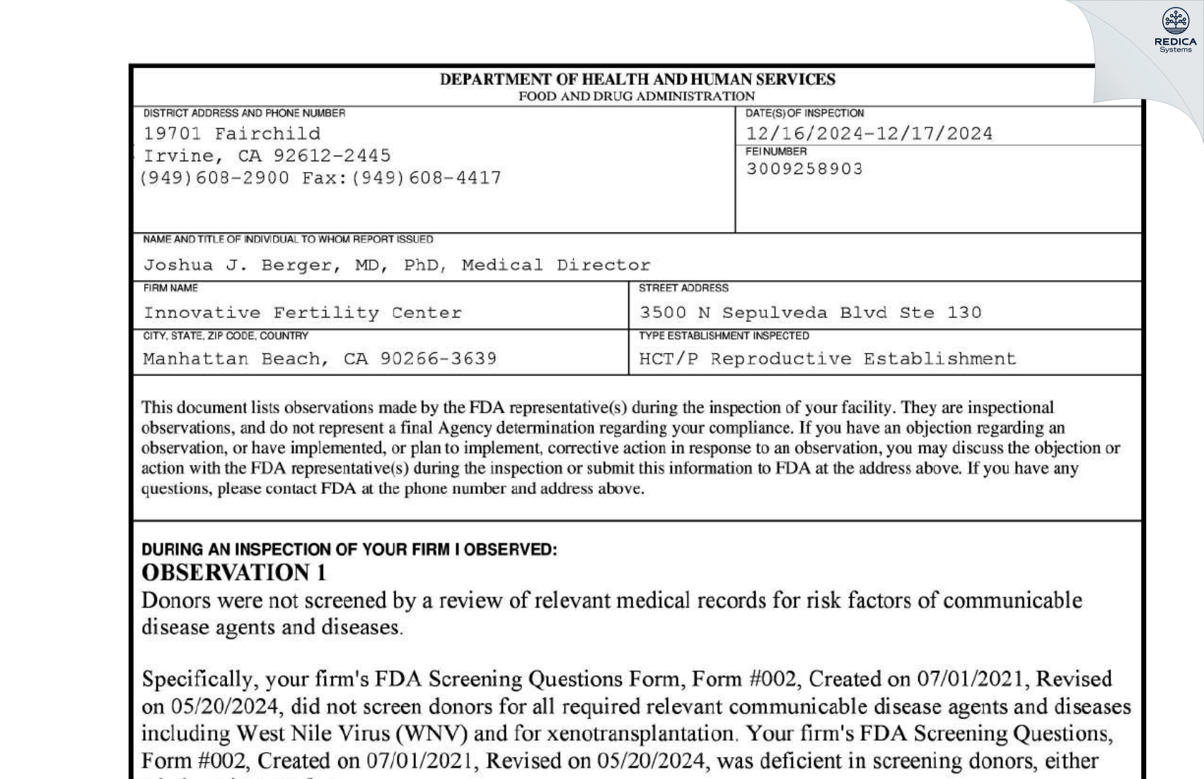 FDA 483 - Innovative Fertility Center [Manhattan Beach / United States of America] - Download PDF - Redica Systems