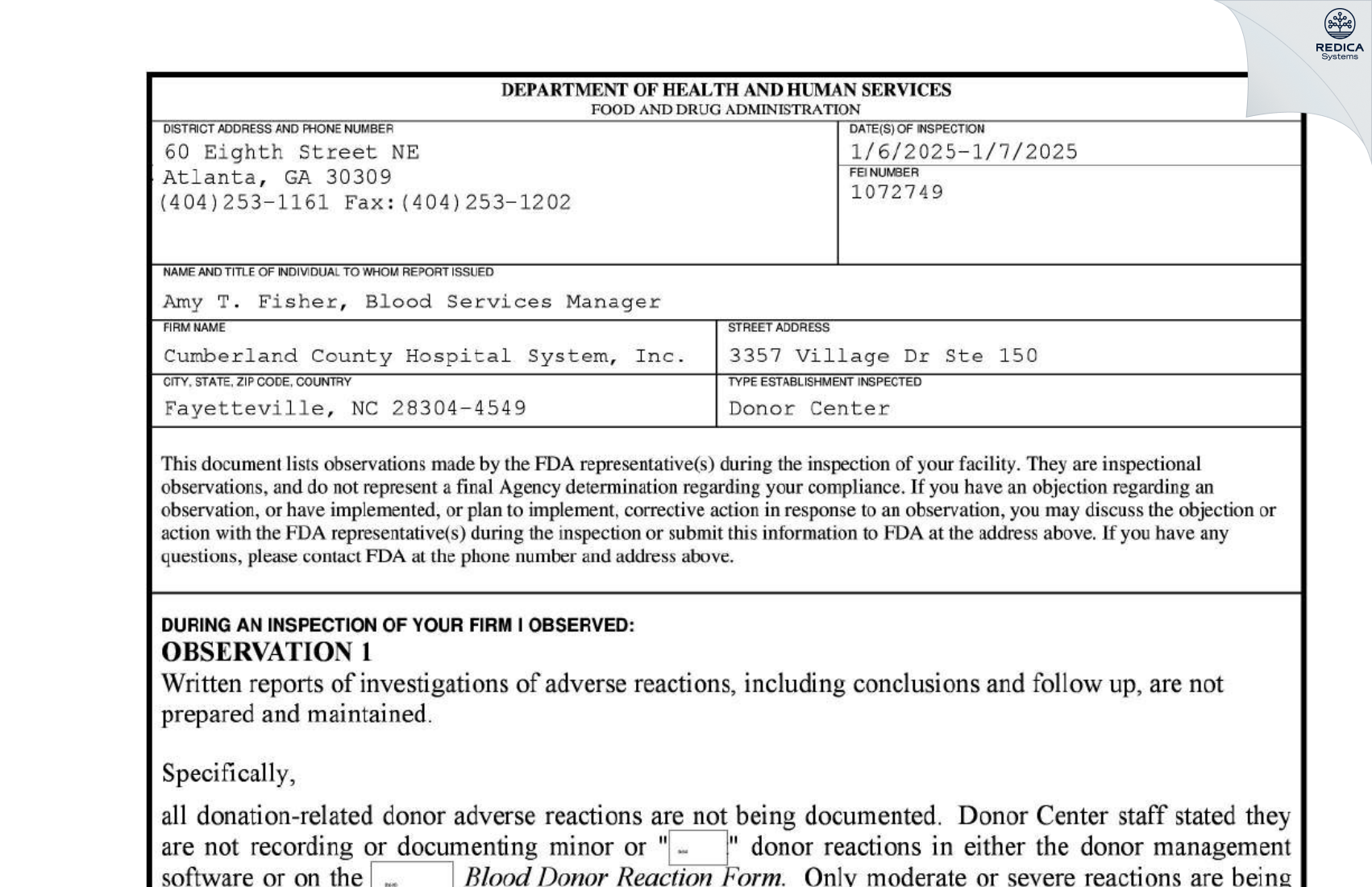 FDA 483 - Cumberland County Hospital System, Inc. [Fayetteville / United States of America] - Download PDF - Redica Systems