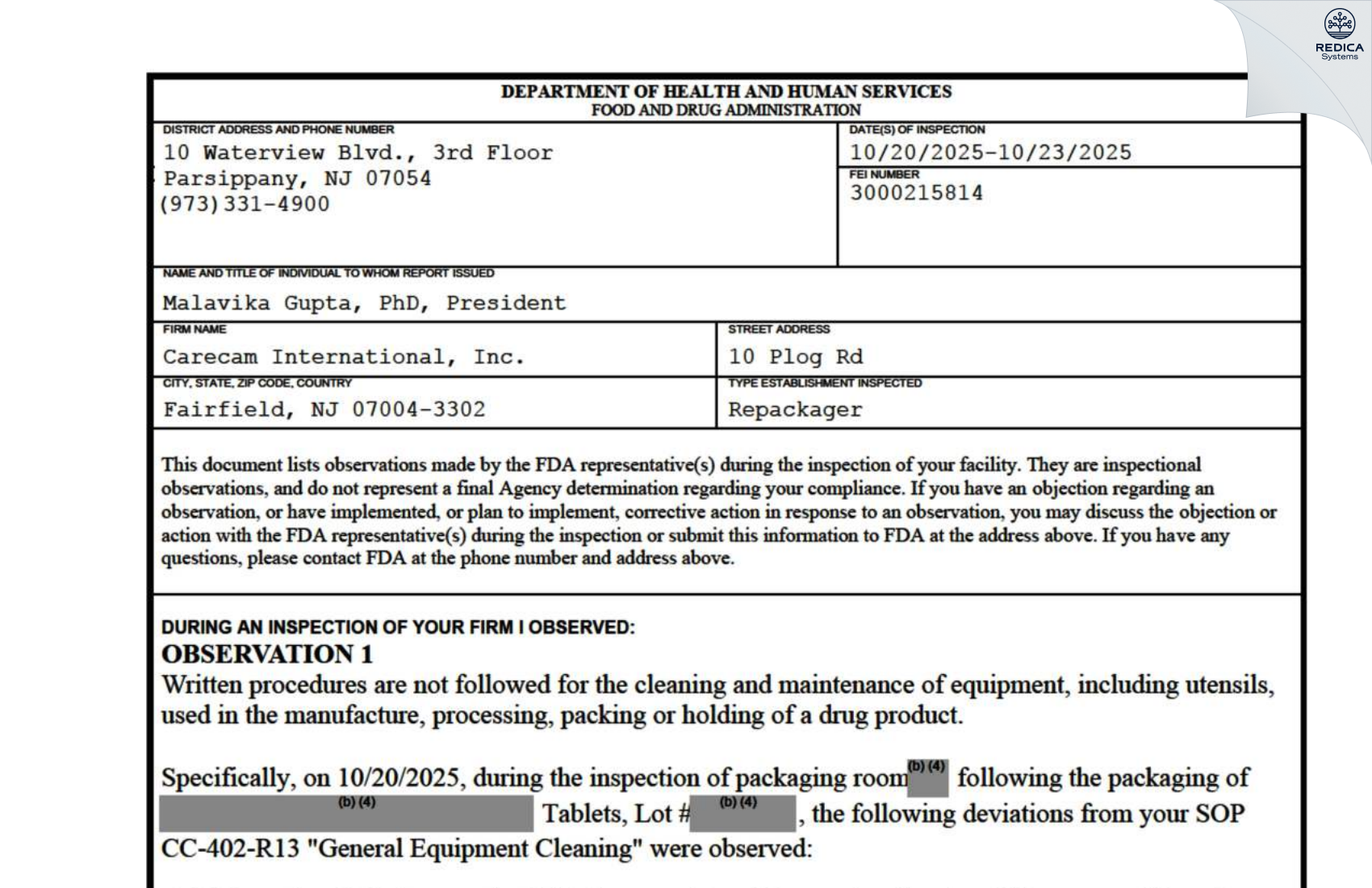 FDA 483 - Carecam International, Inc. [Fairfield / United States of America] - Download PDF - Redica Systems