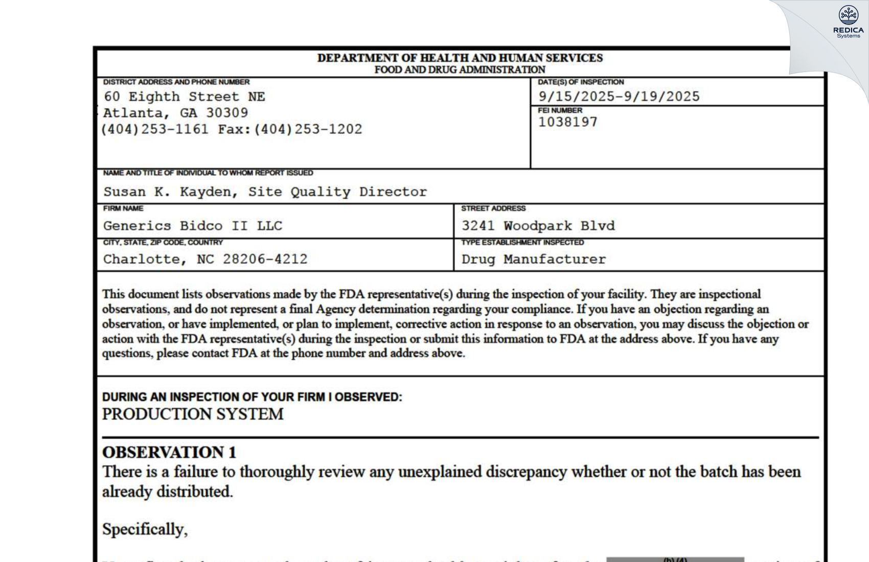 FDA 483 - Generics Bidco II LLC d/b/a Prinston Laboratories [Charlotte / United States of America] - Download PDF - Redica Systems