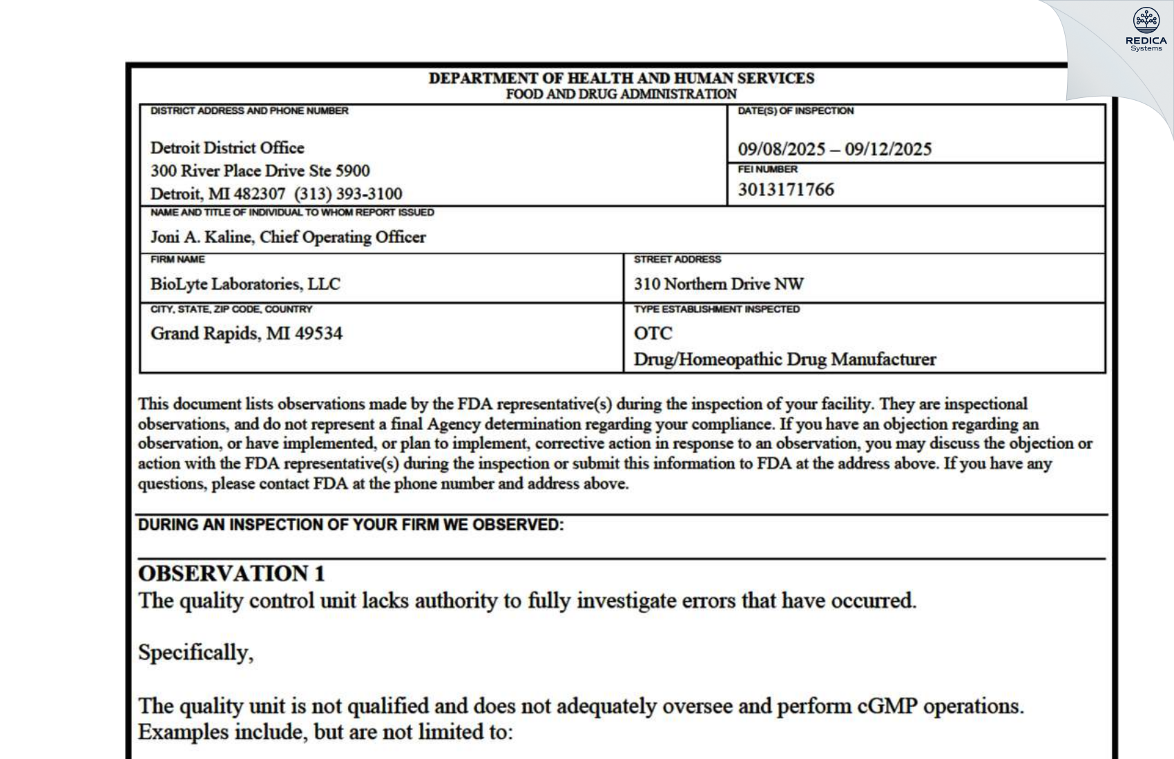 FDA 483 - BioLyte Laboratories, LLC [Grand Rapids / United States of America] - Download PDF - Redica Systems