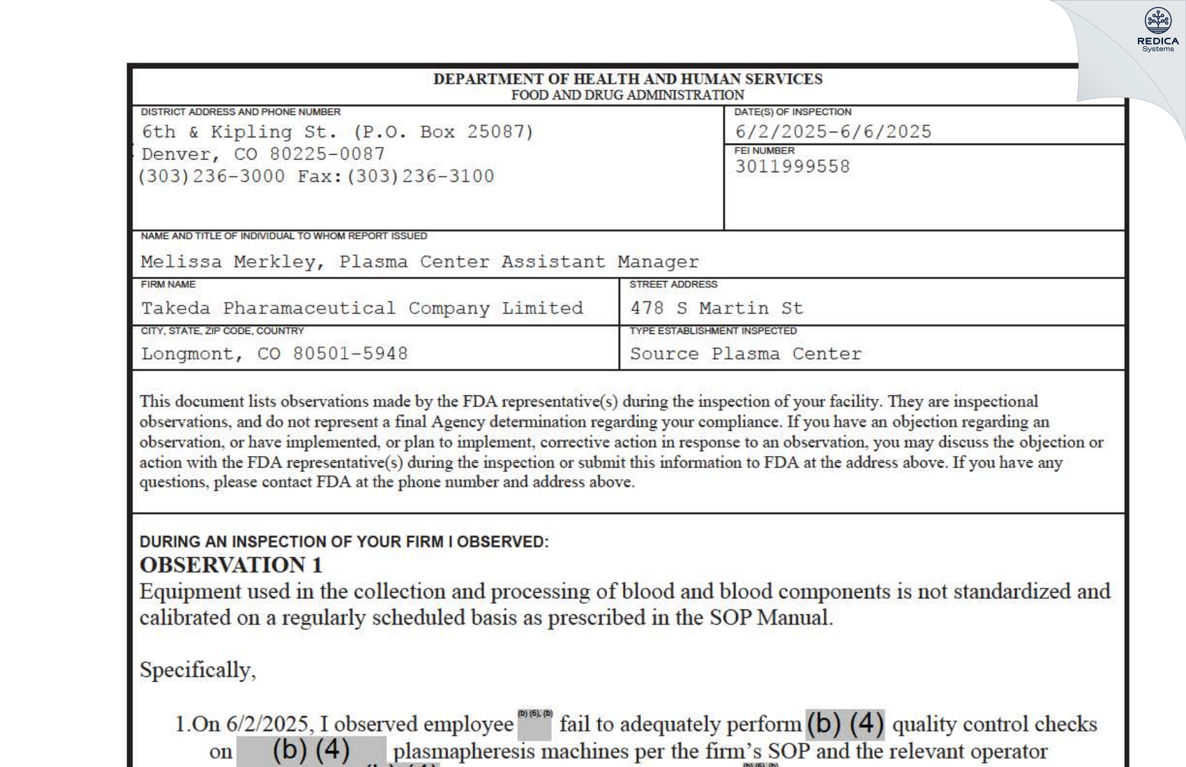 FDA 483 - Takeda Pharamaceutical Company Limited [Longmont / United States of America] - Download PDF - Redica Systems