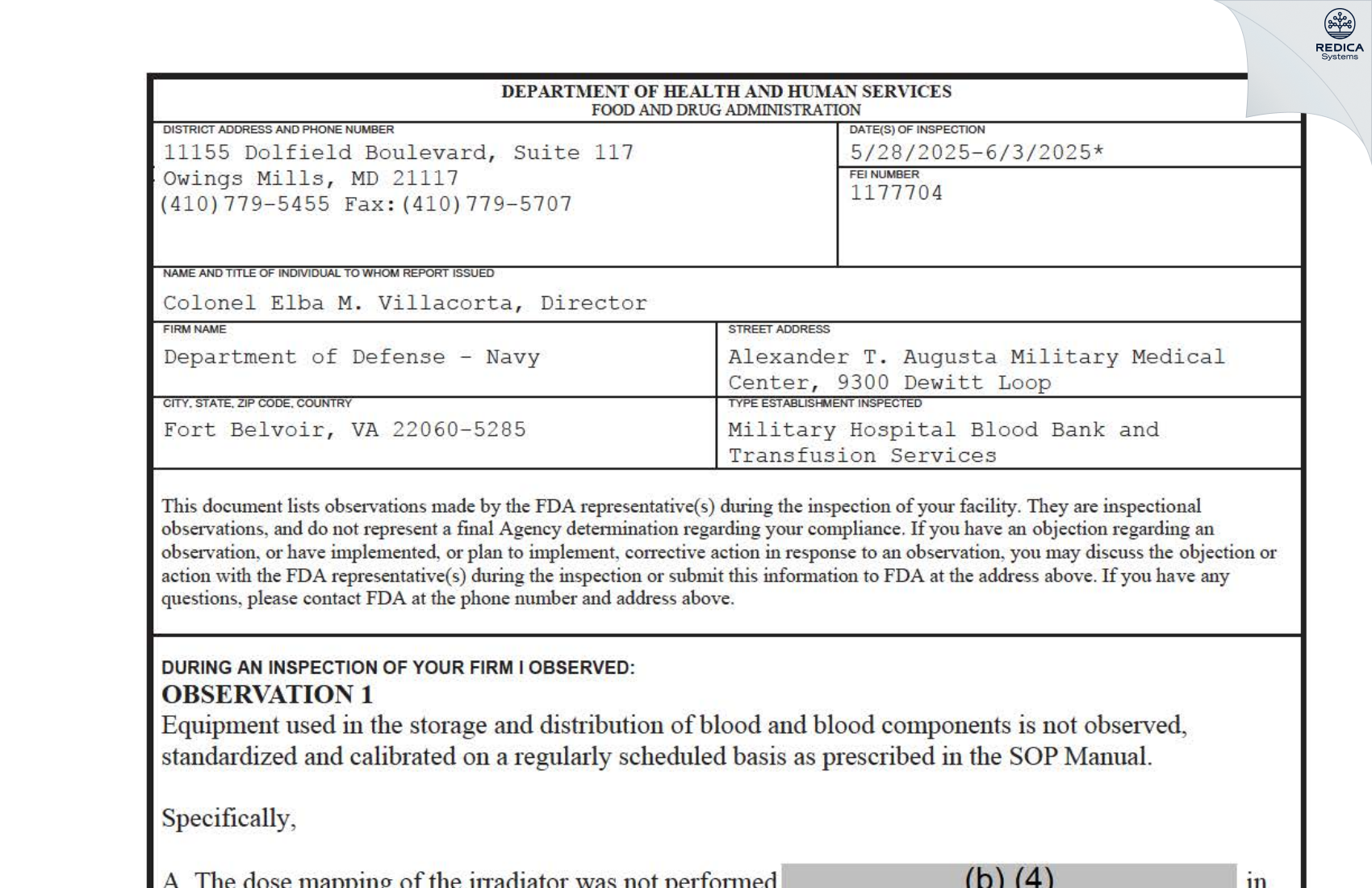 FDA 483 - Department of the Navy, Fort Belvoir Community Hospital [Fort Belvoir / United States of America] - Download PDF - Redica Systems