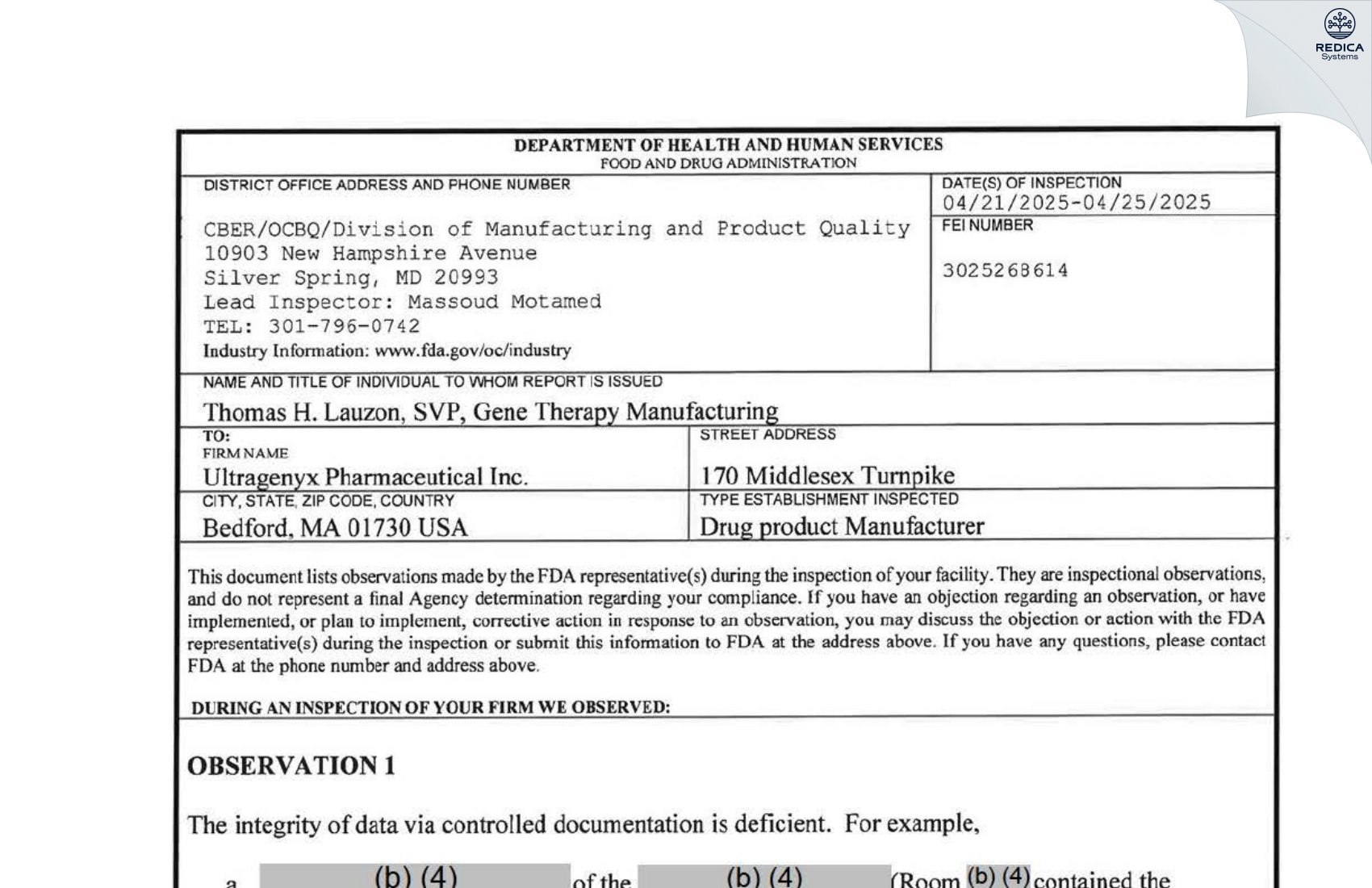 FDA 483 - Ultragenyx Pharmaceutical Inc. [Bedford / United States of America] - Download PDF - Redica Systems