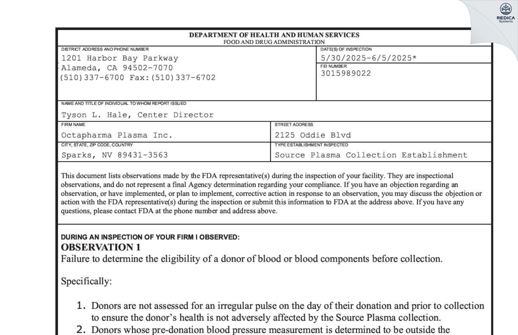 FDA 483 - Octapharma Plasma Inc. [Sparks / United States of America] - Download PDF - Redica Systems