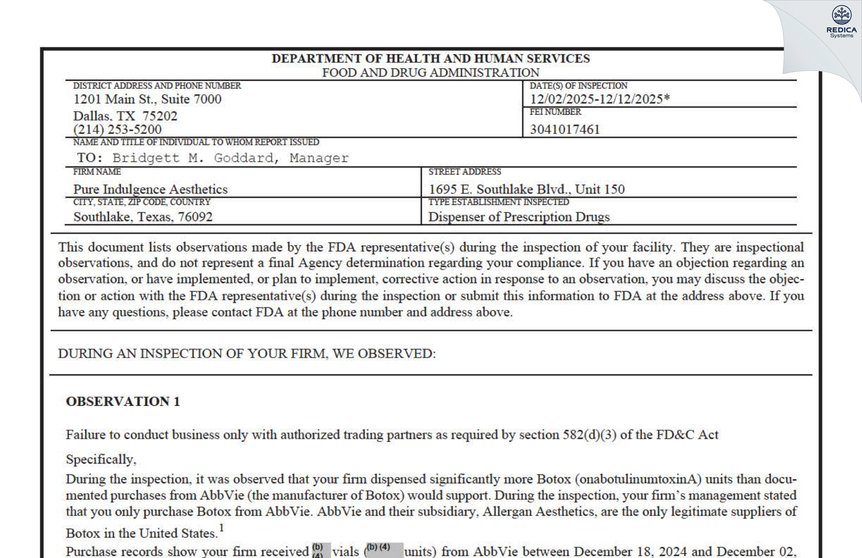FDA 483 - Pure Indulgence Aesthetics [Southlake / United States of America] - Download PDF - Redica Systems
