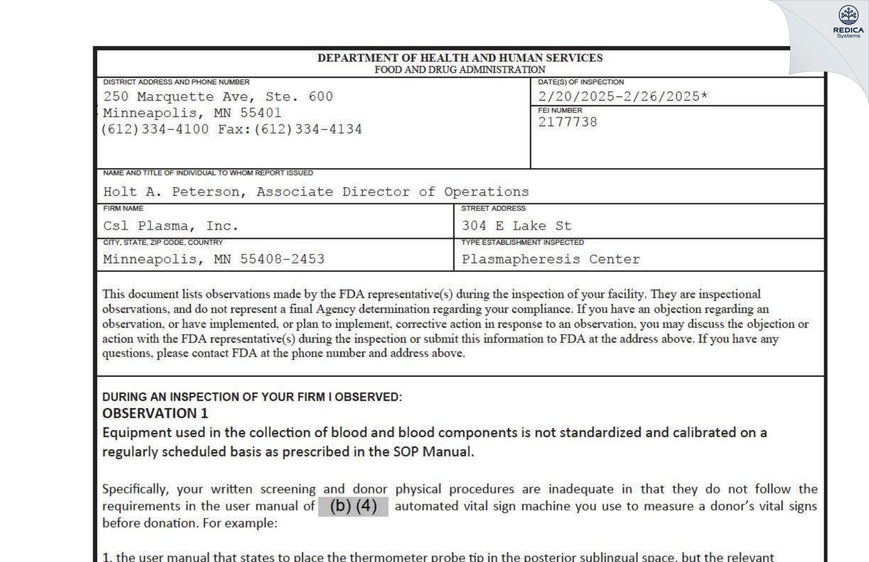 FDA 483 - Csl Plasma, Inc. [Minneapolis / United States of America] - Download PDF - Redica Systems