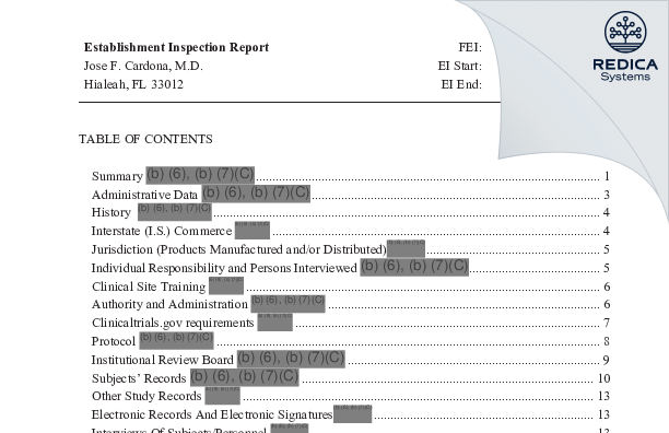 EIR - Jose F. Cardona [Hialeah / United States of America] - Download PDF - Redica Systems
