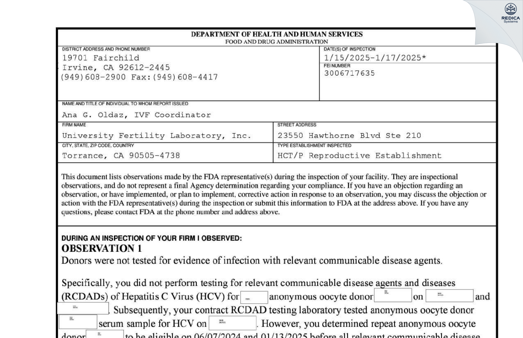 FDA 483 - University Fertility Center [Torrance / United States of America] - Download PDF - Redica Systems