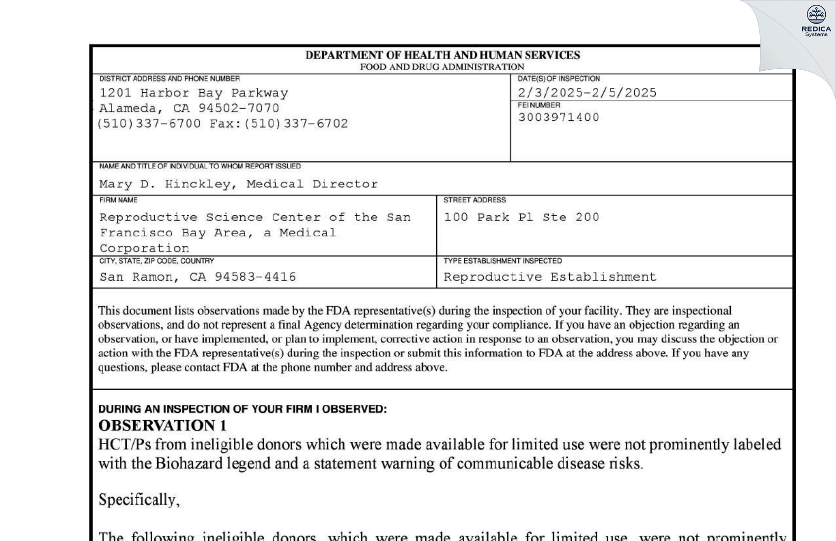FDA 483 - Reproductive Science Center of the San Francisco Bay Area, a Medical Corporation [San Ramon / United States of America] - Download PDF - Redica Systems