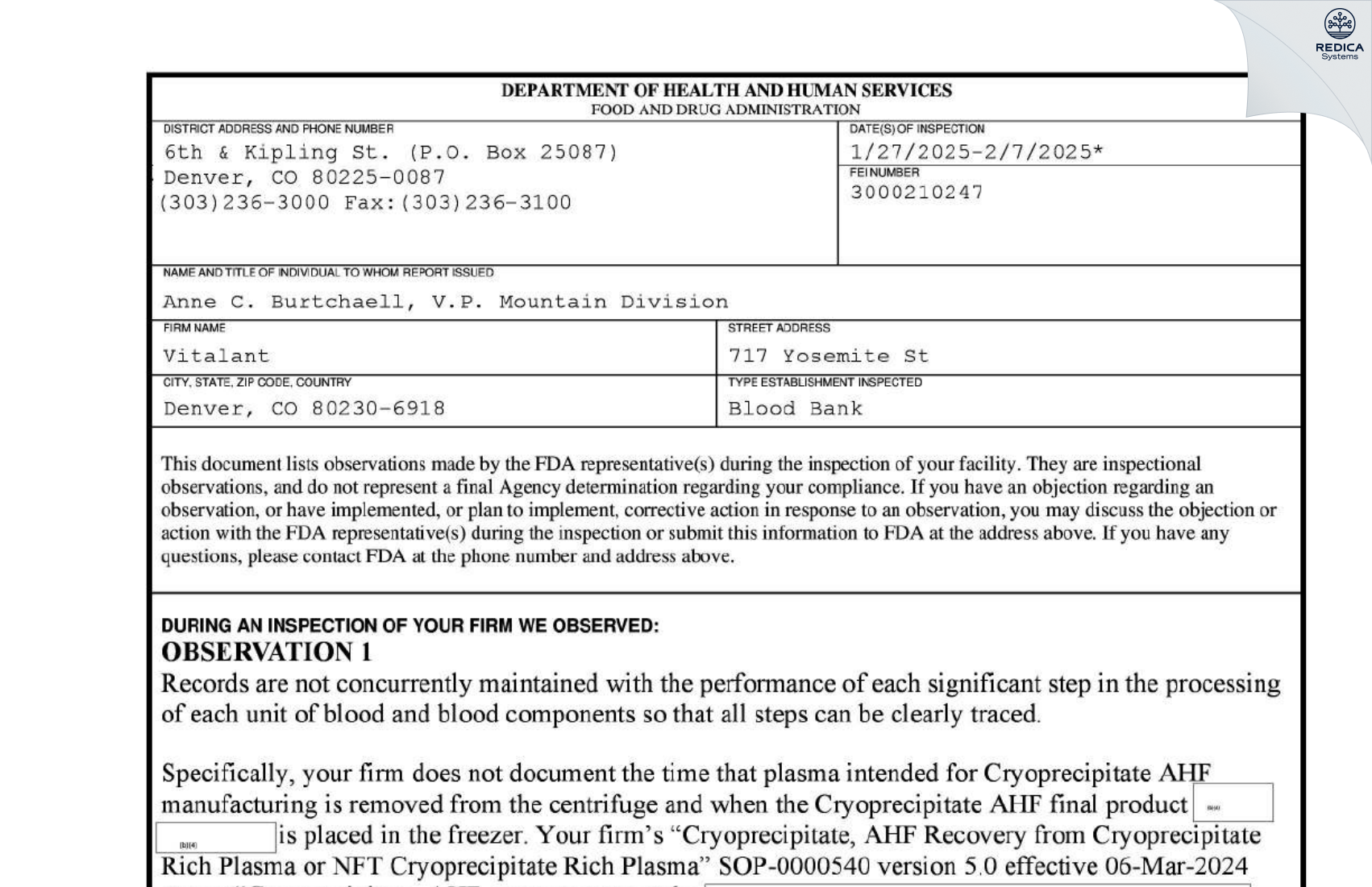 FDA 483 - Vitalant [Denver / United States of America] - Download PDF - Redica Systems
