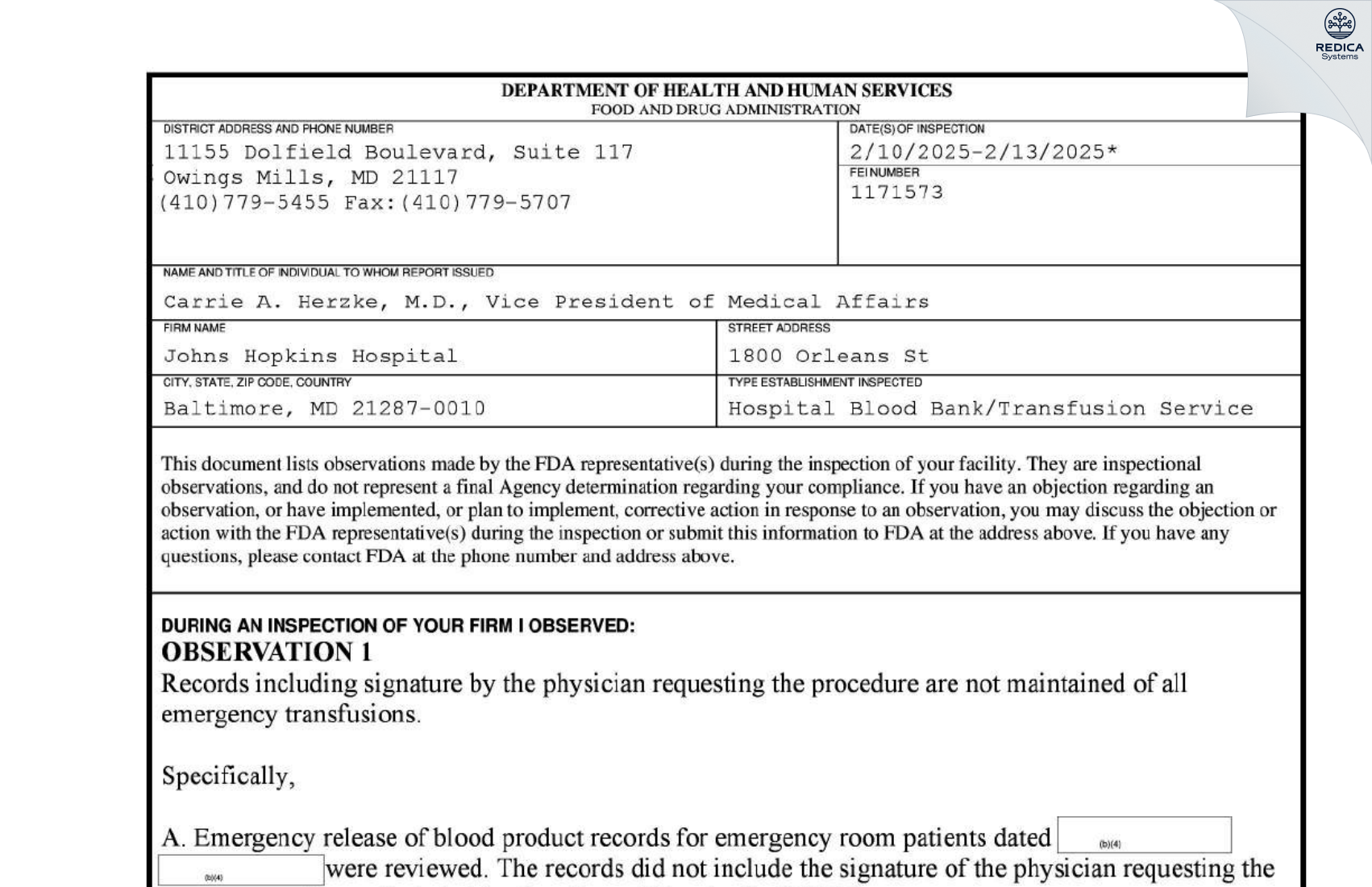 FDA 483 - Johns Hopkins Hospital Blood Bank [Baltimore / United States of America] - Download PDF - Redica Systems
