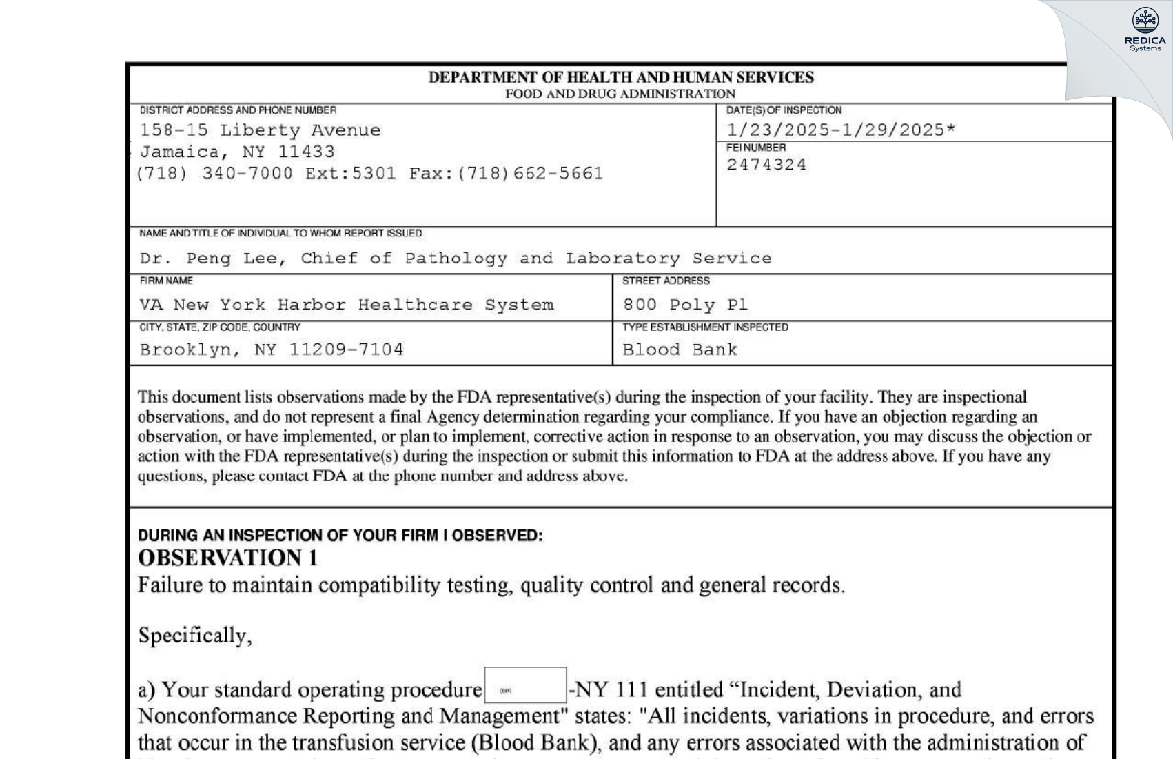 FDA 483 - VA New York Harbor Healthcare System [Brooklyn / United States of America] - Download PDF - Redica Systems