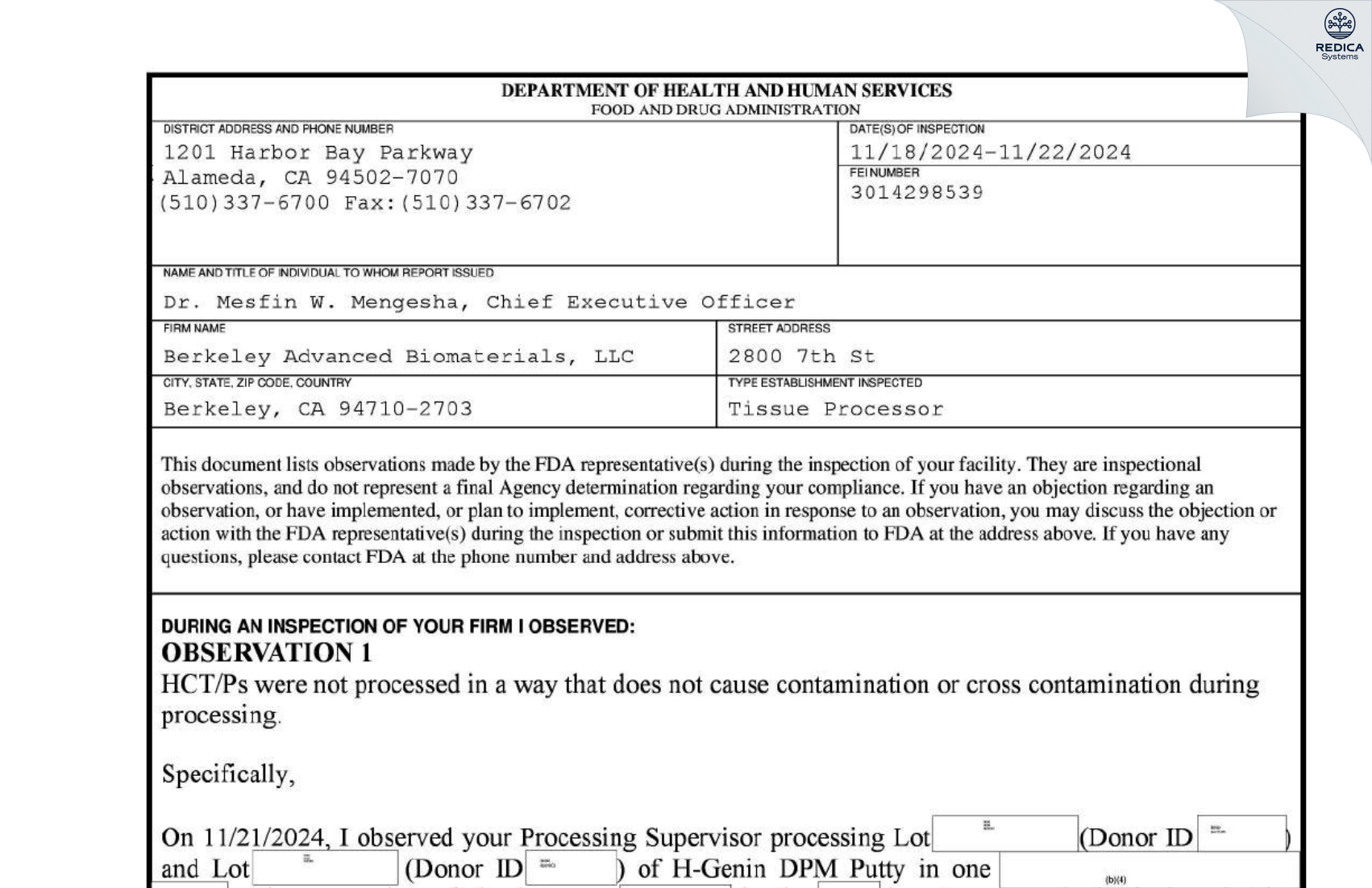 FDA 483 - Berkeley Advanced Biomaterials, LLC [Berkeley / United States of America] - Download PDF - Redica Systems