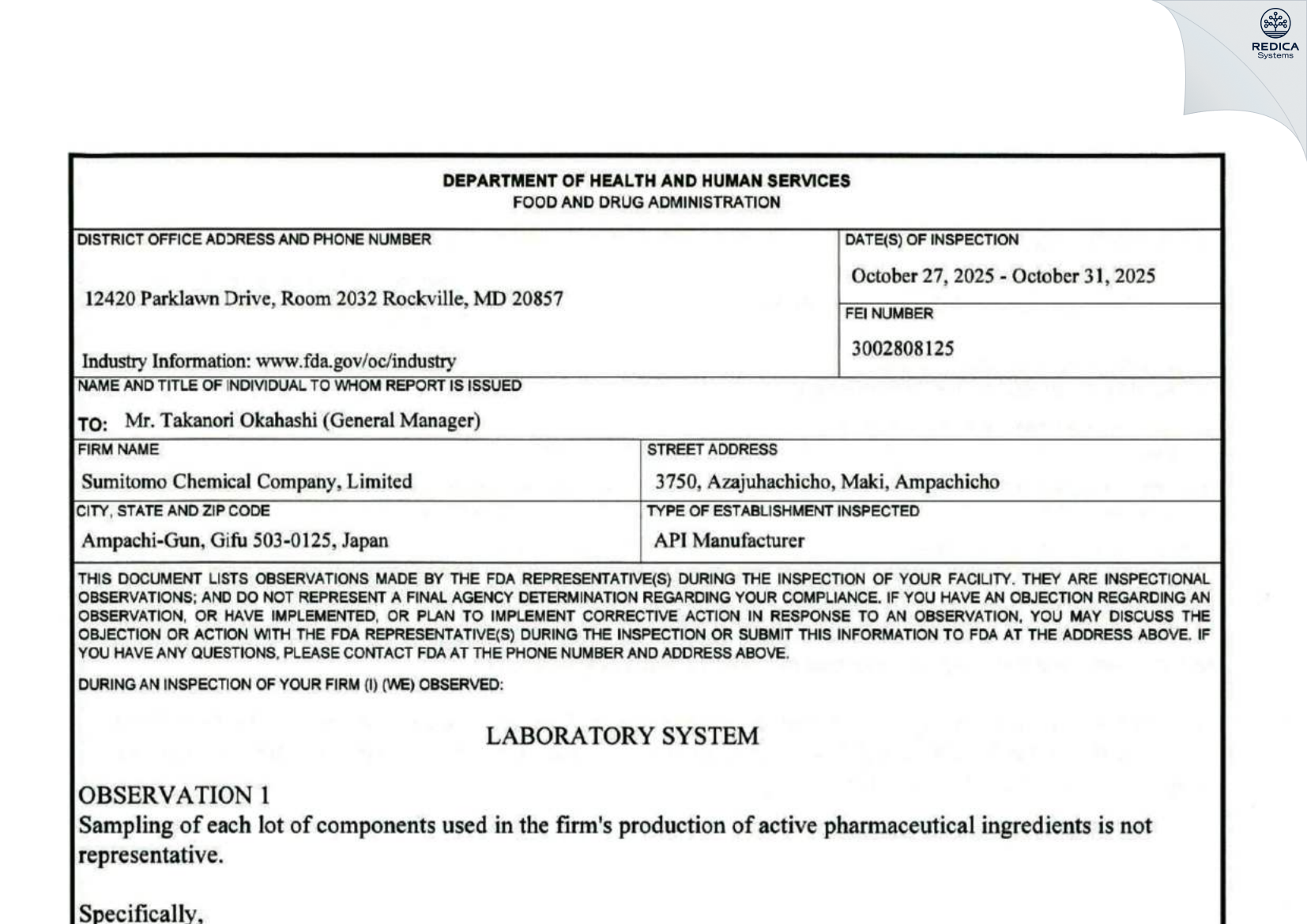 FDA 483 - Sumitomo Chemical Company, Limited [Maki / Japan] - Download PDF - Redica Systems