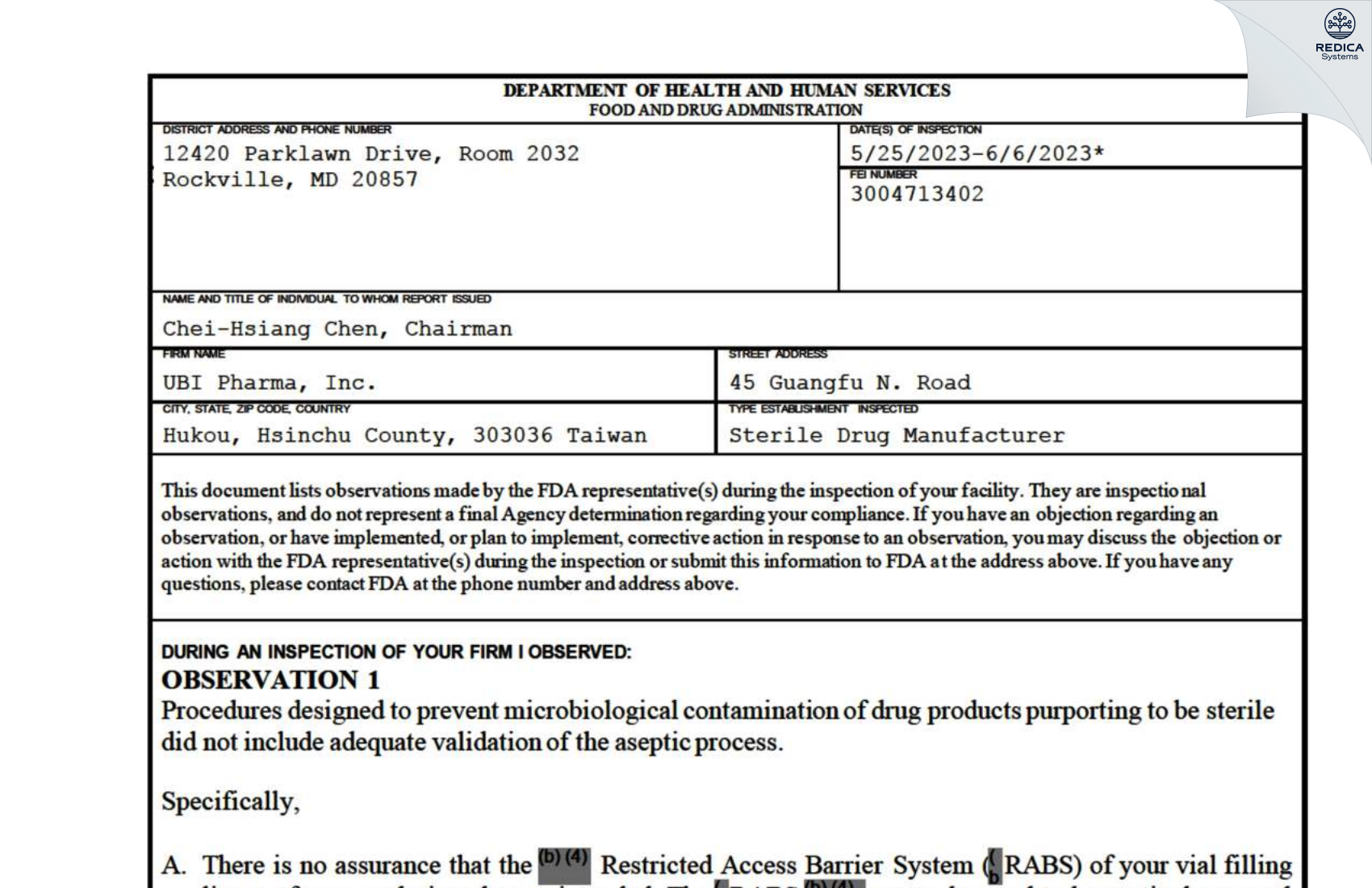 FDA 483 - UBI Pharma Inc. [Hukou Township / Taiwan] - Download PDF - Redica Systems