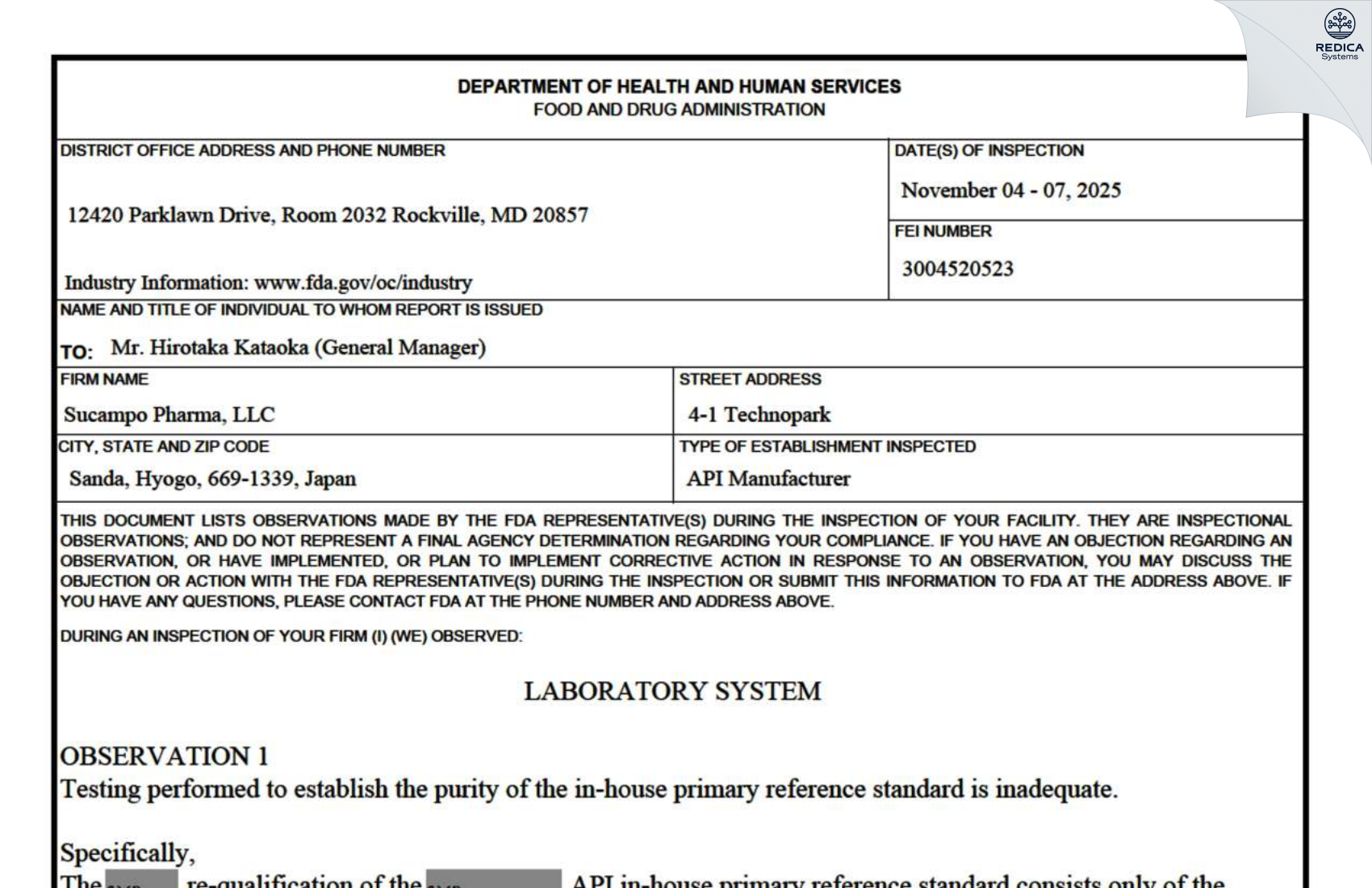 FDA 483 - Sucampo Pharma, LLC [Techno Park / Japan] - Download PDF - Redica Systems
