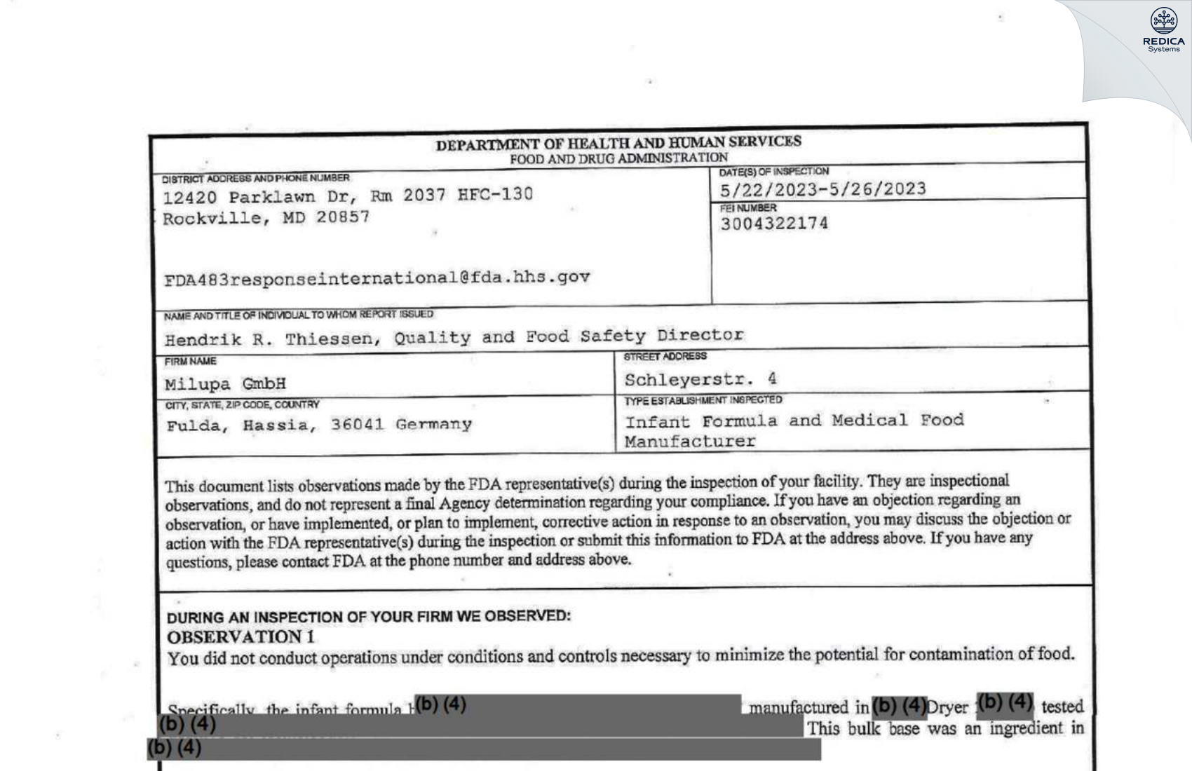 FDA 483 - Milupa GmbH [Fulda / Germany] - Download PDF - Redica Systems