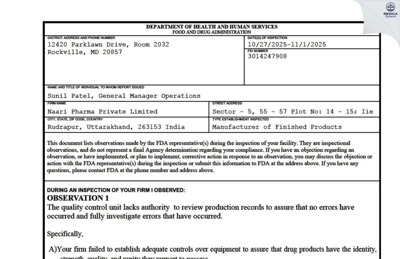 FDA 483 - Naari Pharma Private Limited [Rudrapur / India] - Download PDF - Redica Systems
