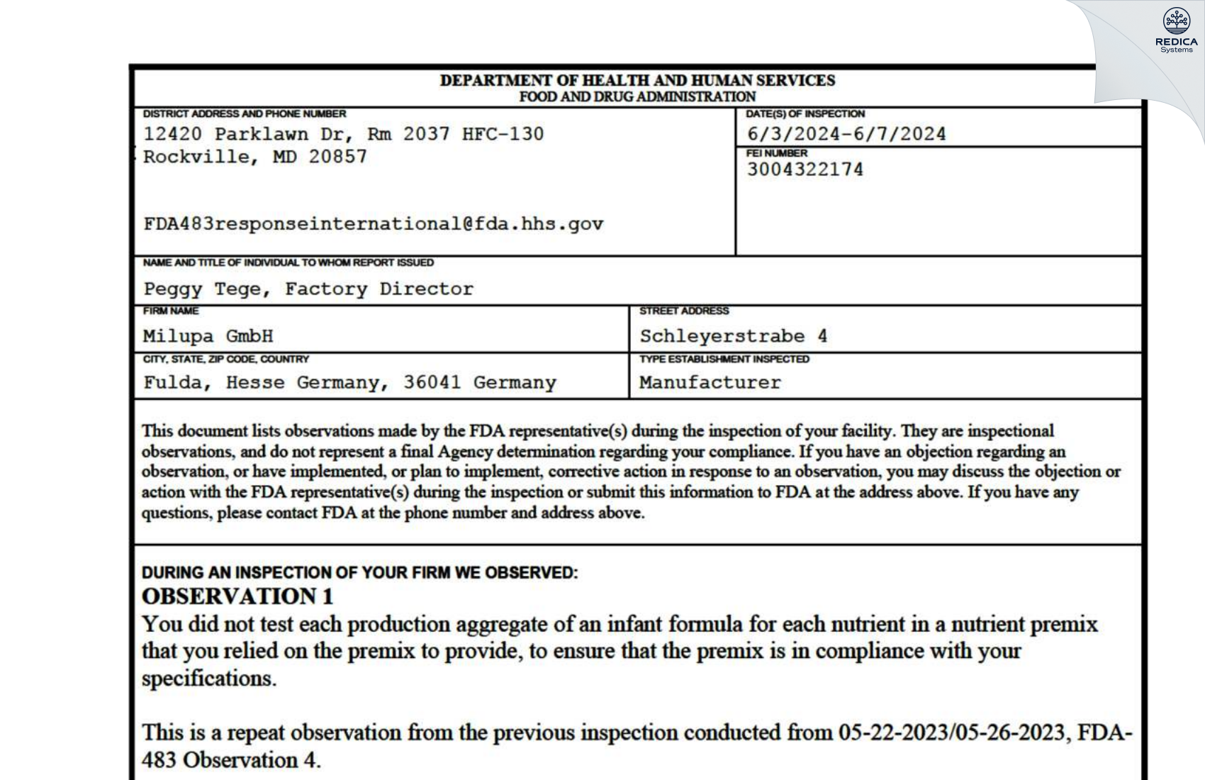 FDA 483 - Milupa GmbH [Fulda / Germany] - Download PDF - Redica Systems