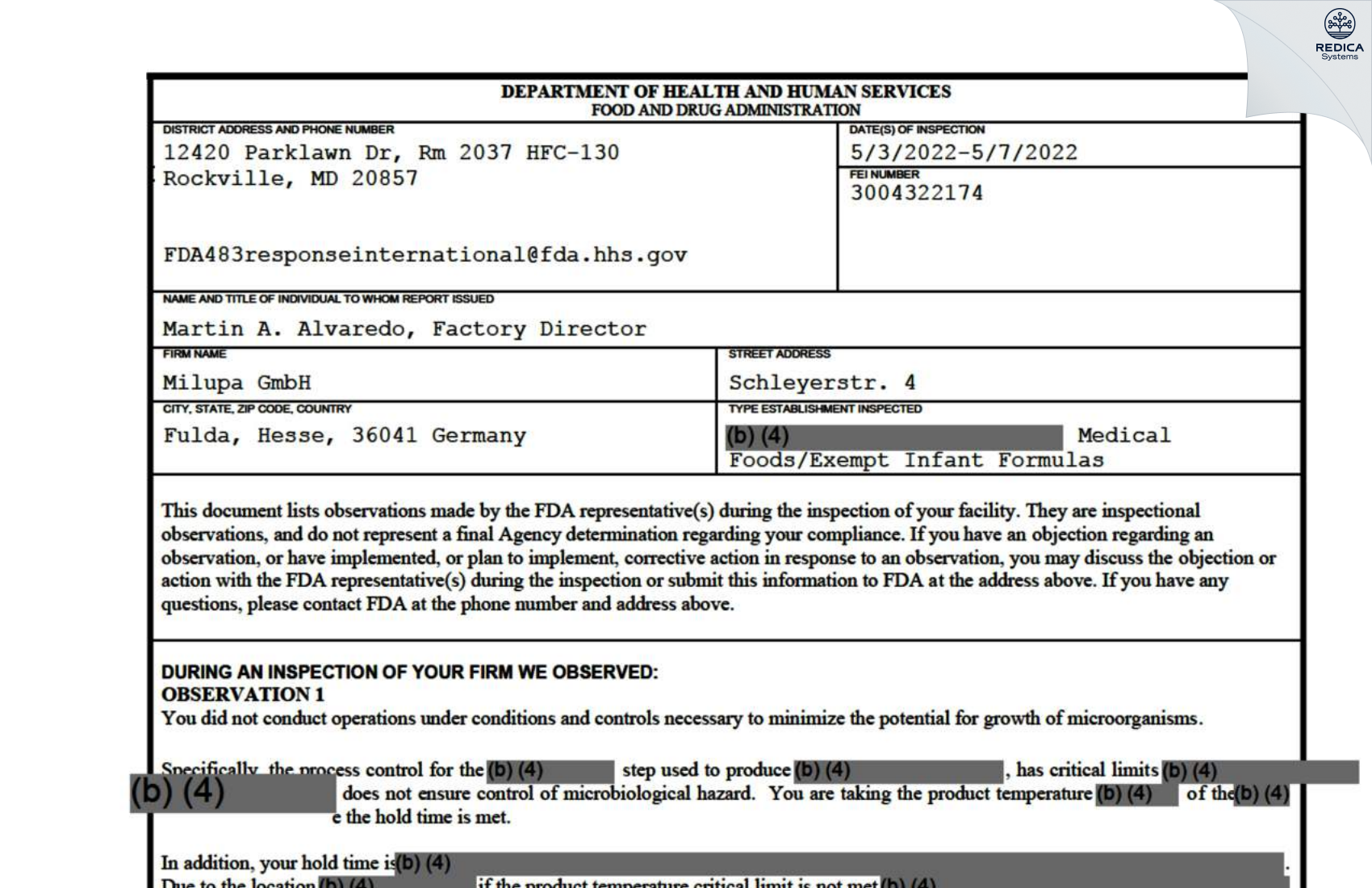 FDA 483 - Milupa GmbH [Fulda / Germany] - Download PDF - Redica Systems