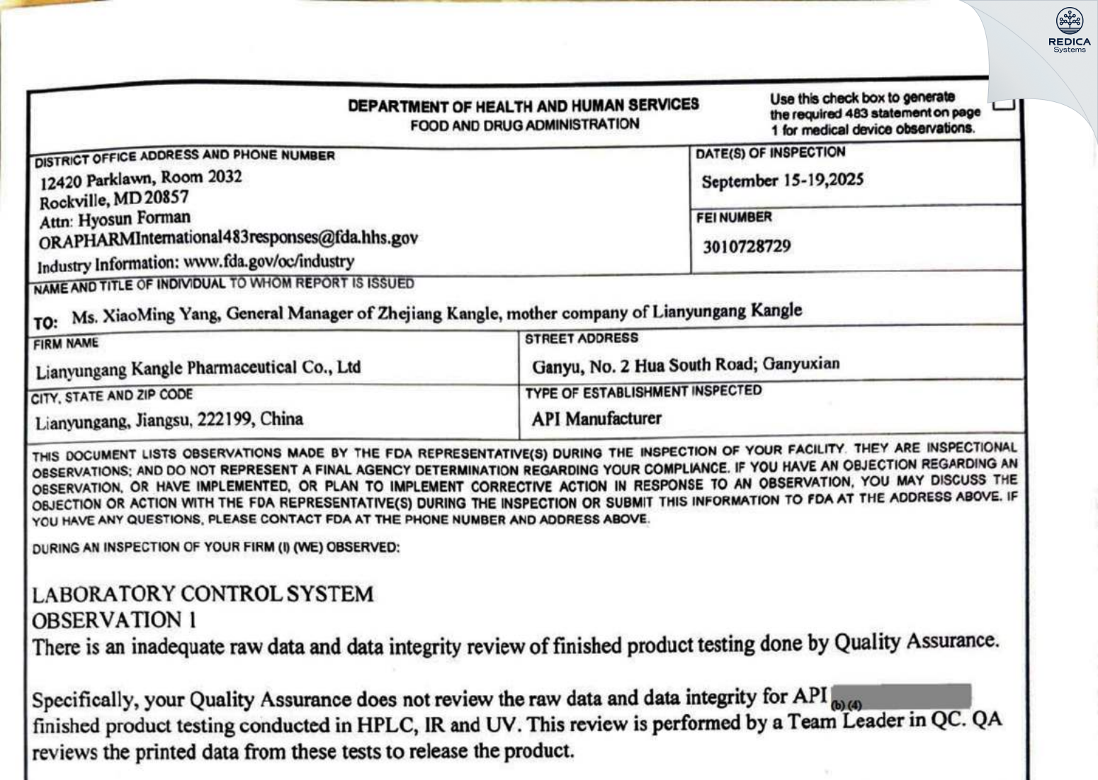 FDA 483 - Lianyungang Kangle Pharmaceutical Co., Ltd. [Lianyungang / China] - Download PDF - Redica Systems