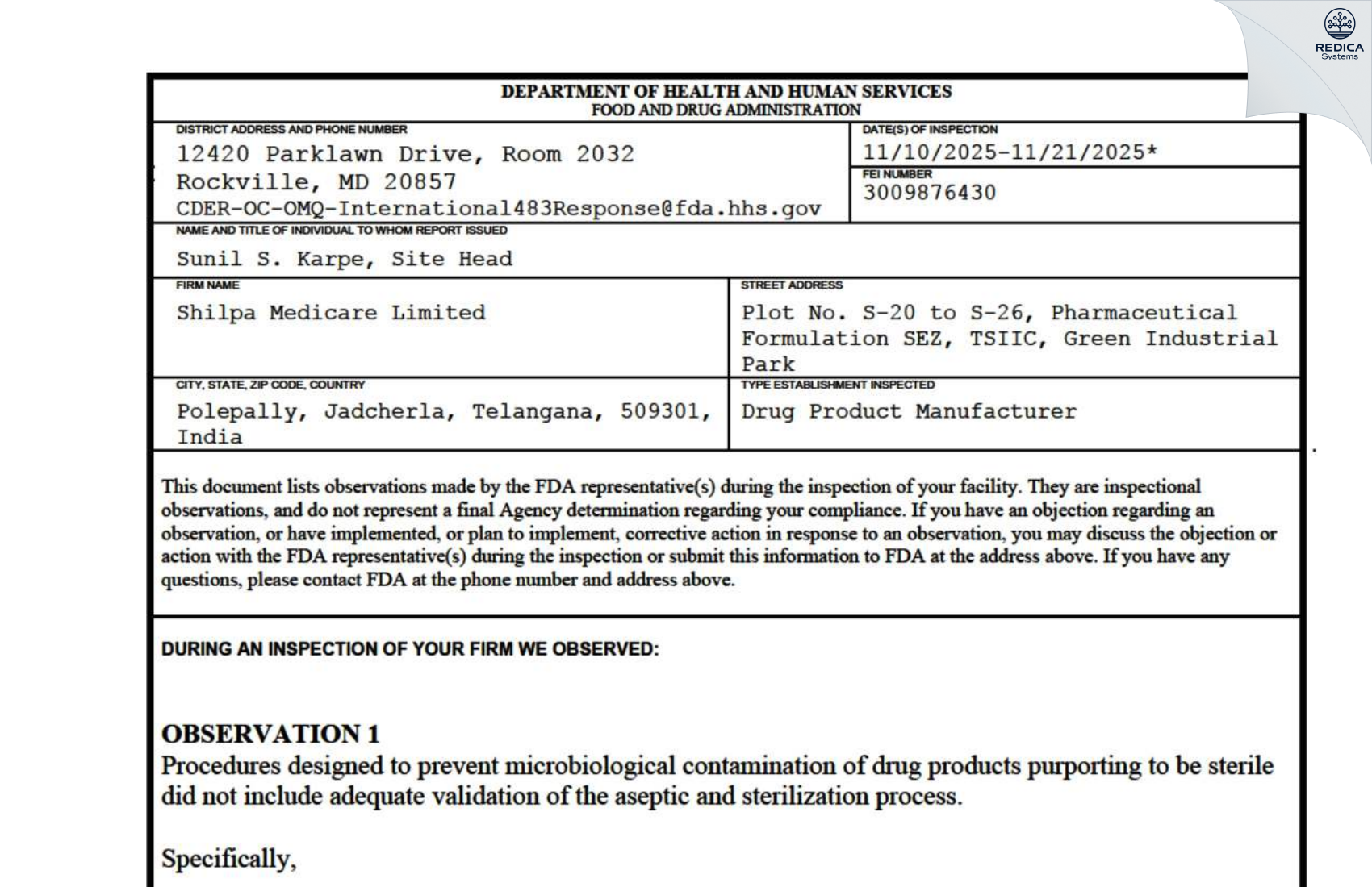 FDA 483 - SHILPA MEDICARE LIMITED [Jadcherla / India] - Download PDF - Redica Systems