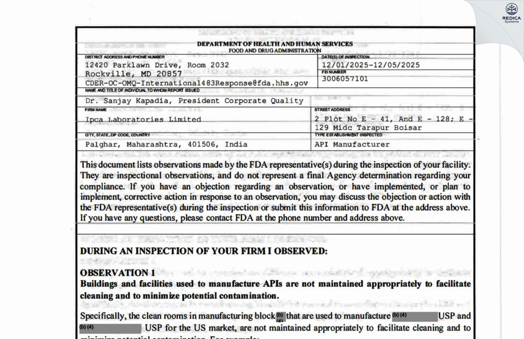 FDA 483 - Ipca Laboratories Limited [Boisar / India] - Download PDF - Redica Systems