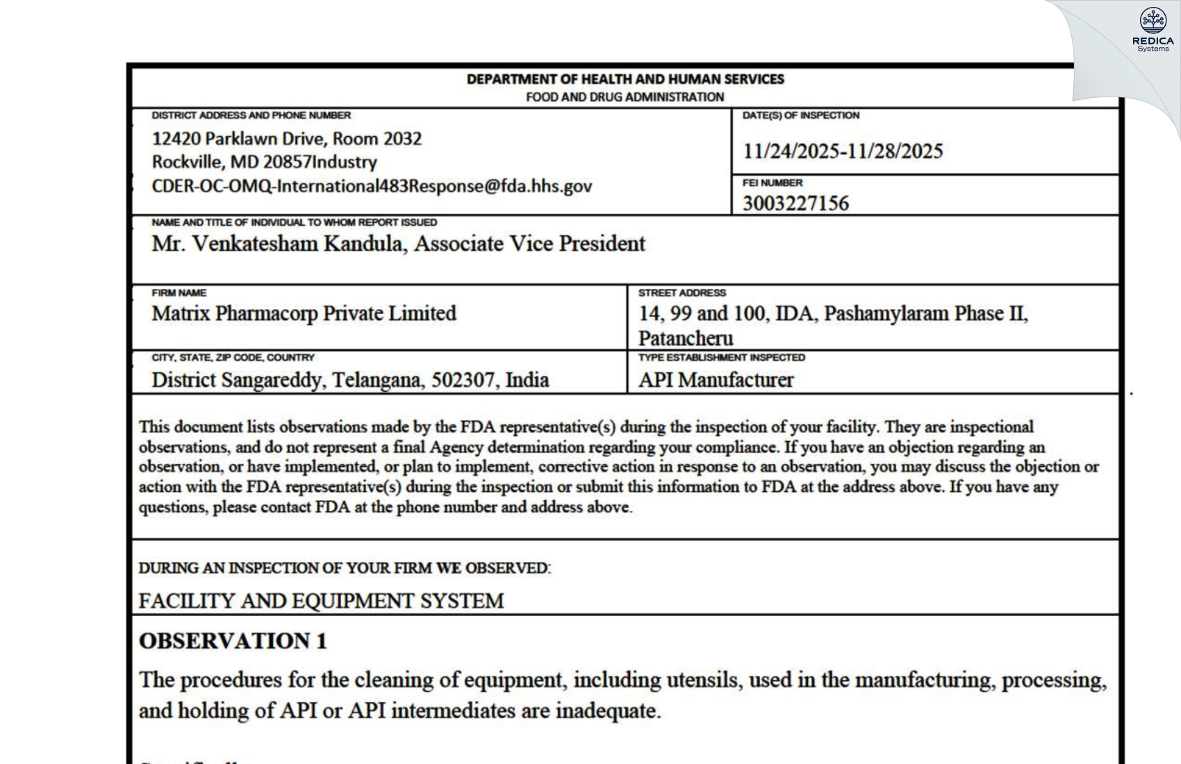 FDA 483 - Tianish Laboratories Private Limited [Isnapur / India] - Download PDF - Redica Systems