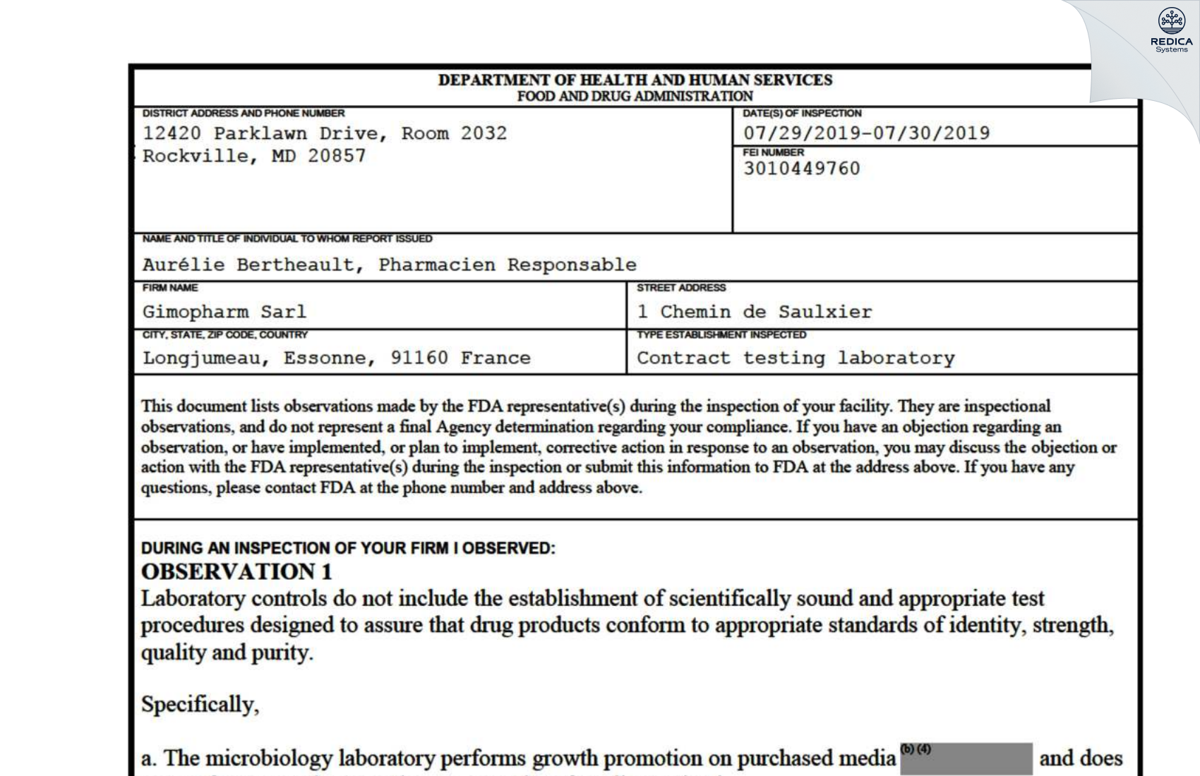 FDA 483 - Gimopharm Sarl [Longjumeau / France] - Download PDF - Redica Systems