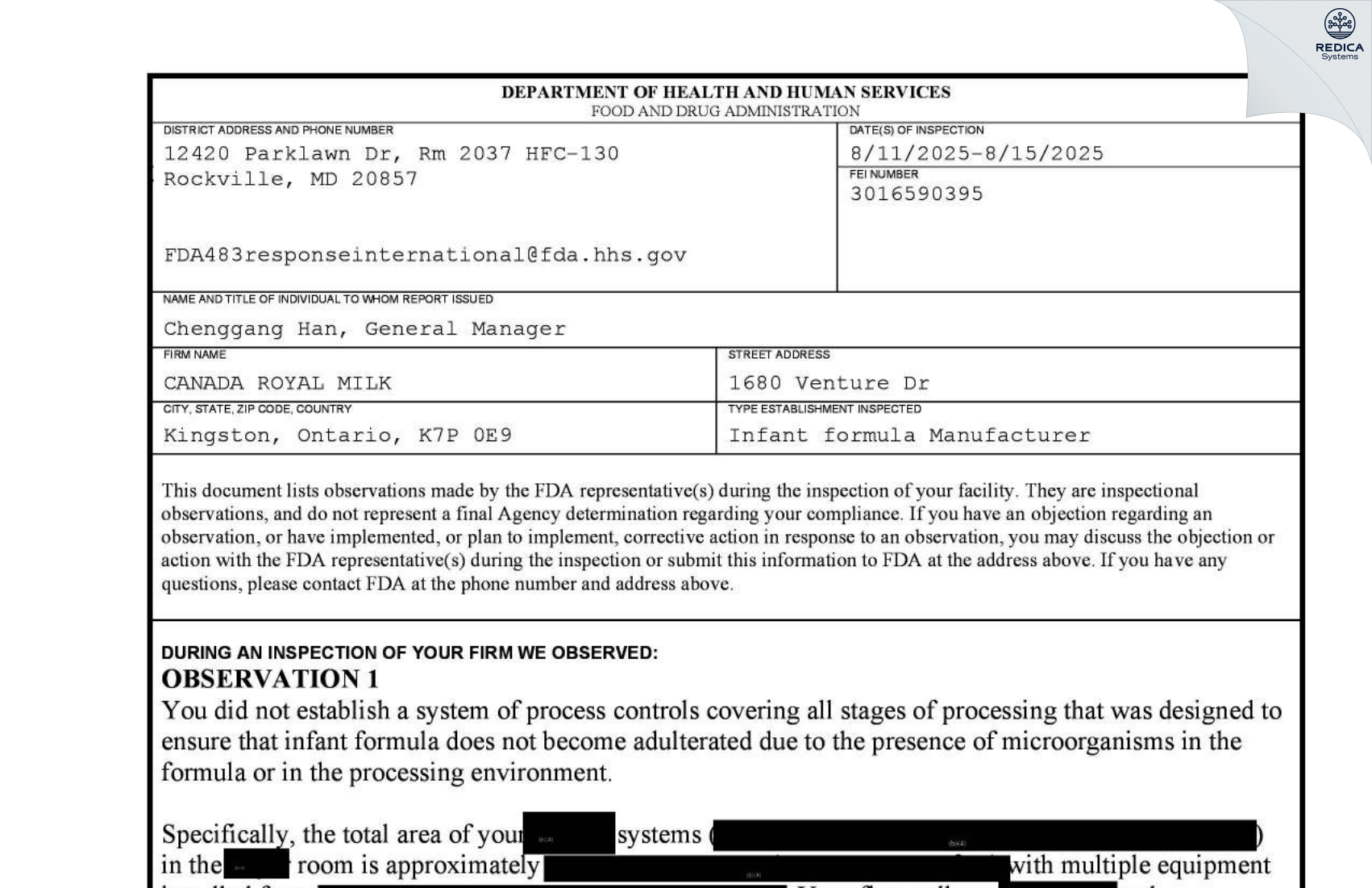 FDA 483 - CANADA ROYAL MILK [Kingston / Canada] - Download PDF - Redica Systems