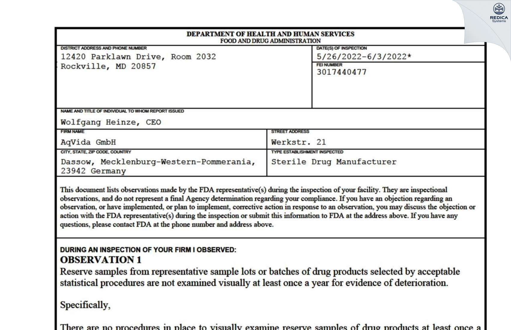 FDA 483 - AqVida GmbH [Dassow / Germany] - Download PDF - Redica Systems