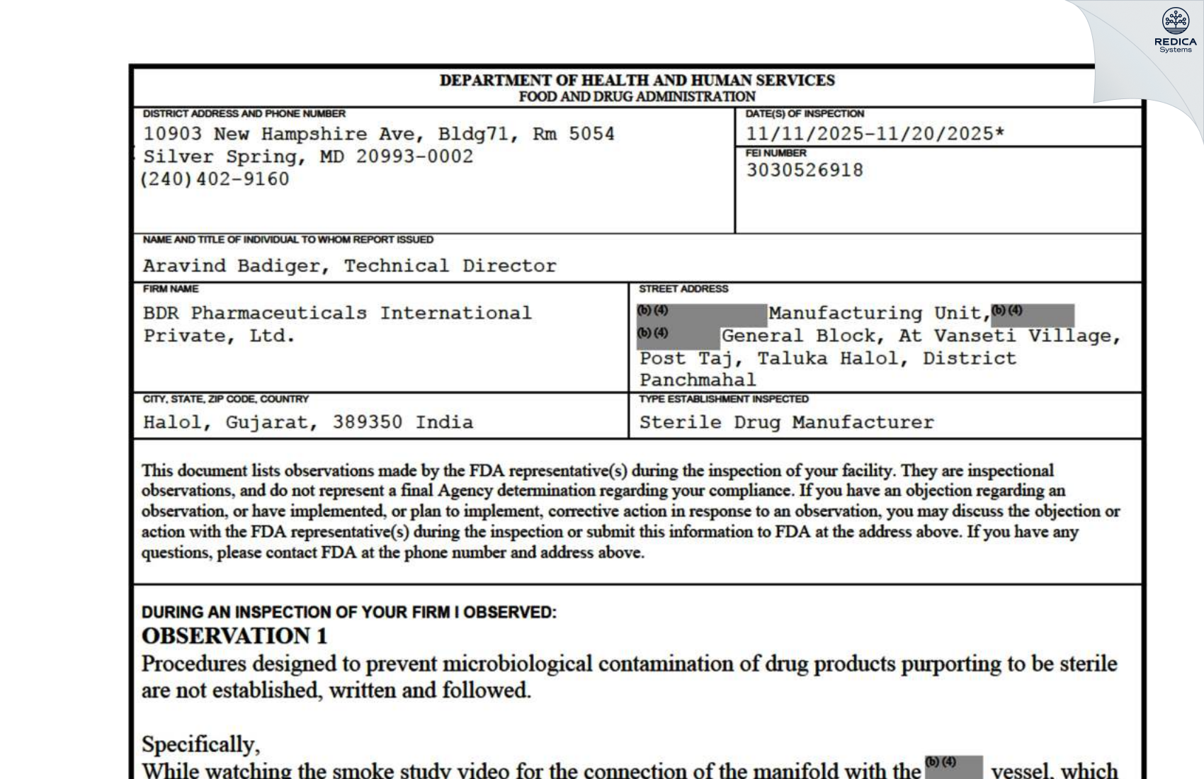 FDA 483 - BDR PHARMACEUTICALS INTERNATIONAL PVT. LTD. [Halol / India] - Download PDF - Redica Systems
