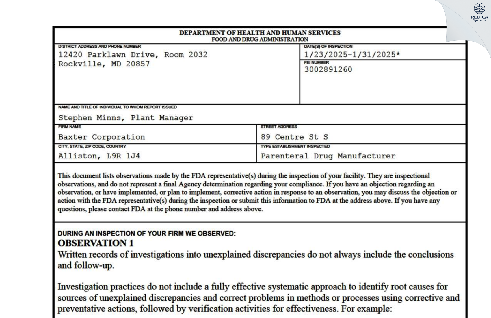 FDA 483 - Baxter Corporation [Alliston / Canada] - Download PDF - Redica Systems