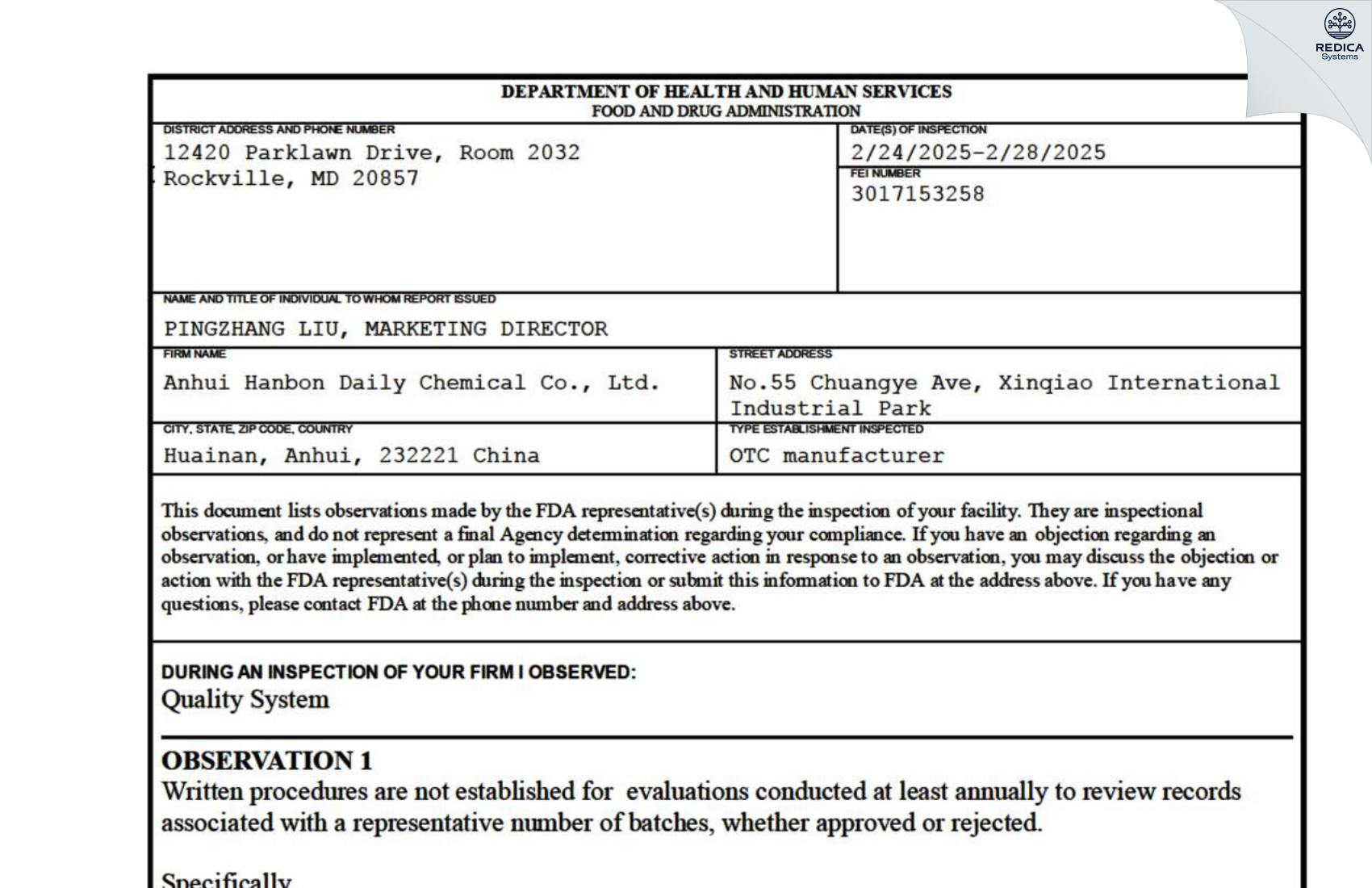 FDA 483 - Anhui Hanbon Daily Chemical Co., Ltd. [Shou County / China] - Download PDF - Redica Systems