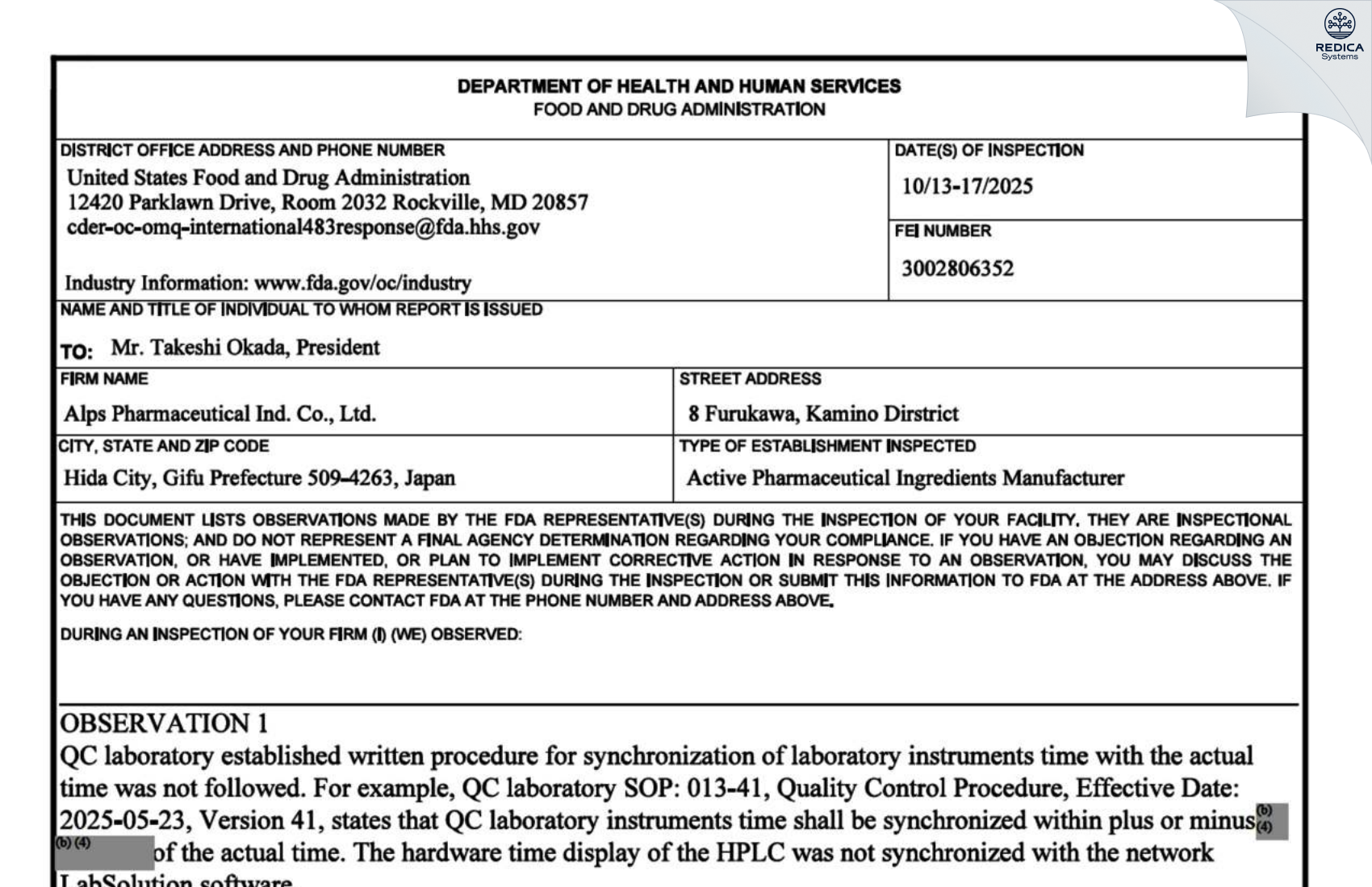 FDA 483 - Alps Pharmaceutical Ind. Co., Ltd. [Furukawachokamino / Japan] - Download PDF - Redica Systems