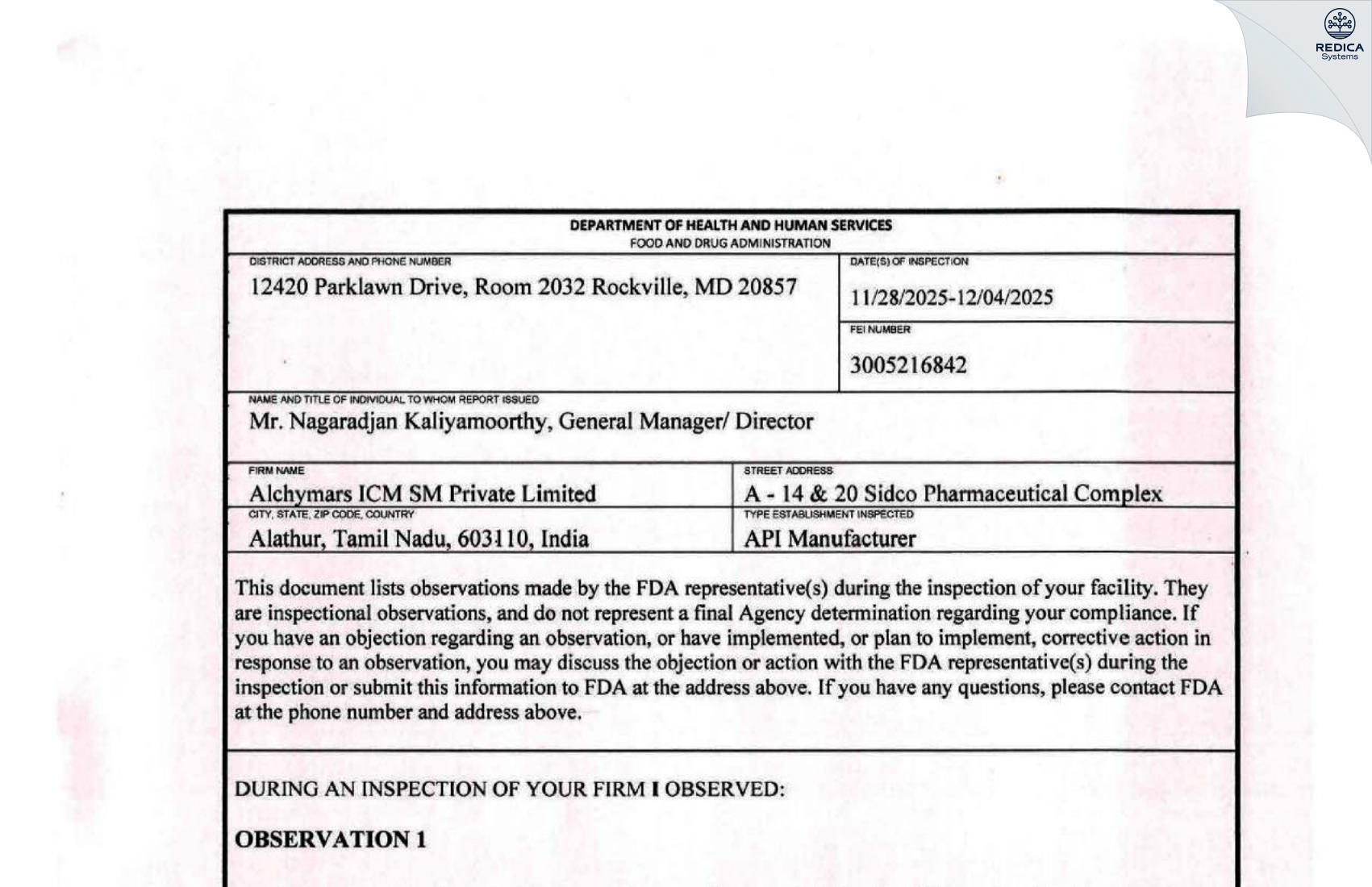FDA 483 - Alchymars ICM SM Private Limited [Chengalpattu / India] - Download PDF - Redica Systems