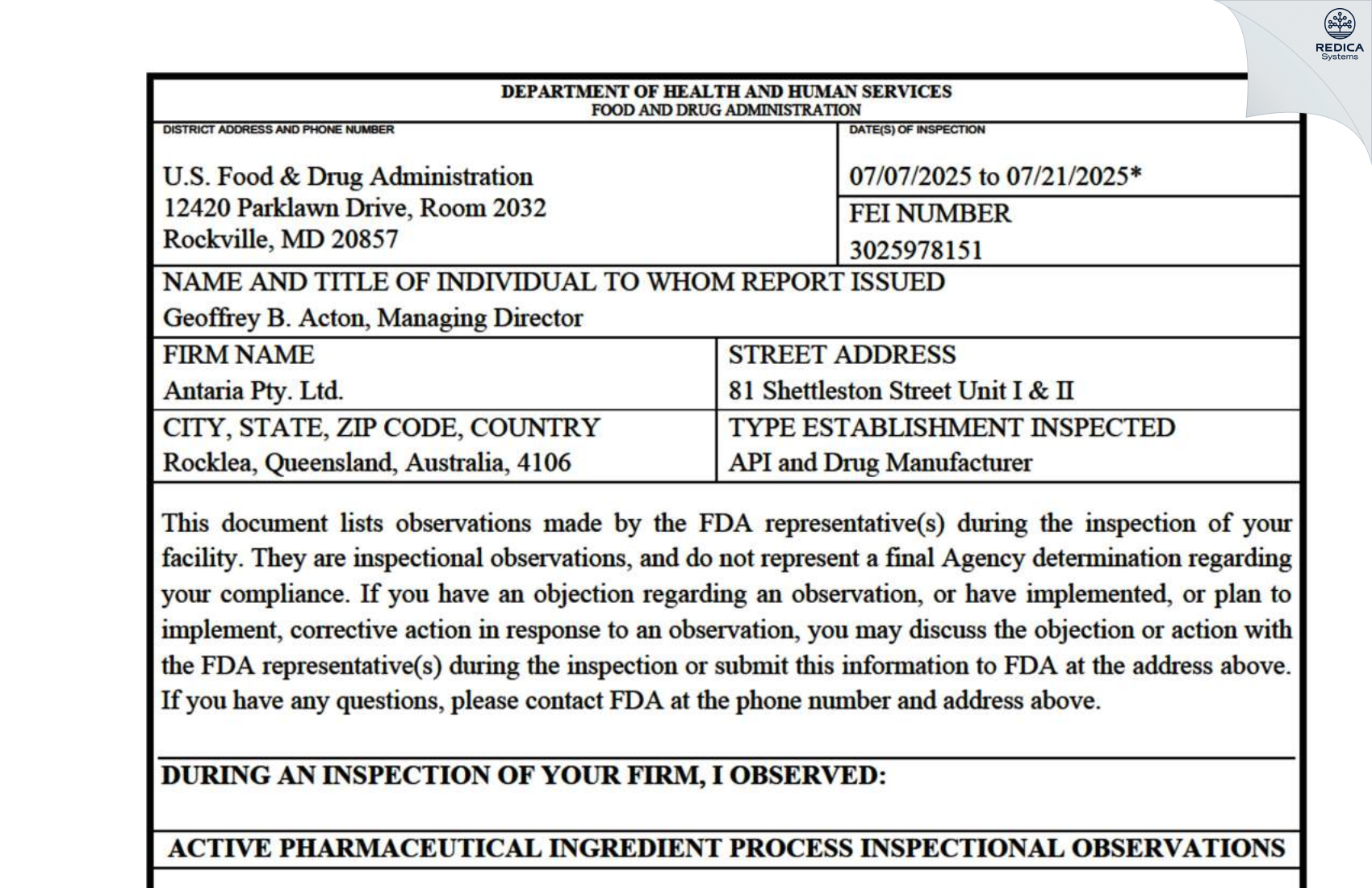 FDA 483 - ADVANCE ZINCTEK LIMITED [Brisbane / Australia] - Download PDF - Redica Systems