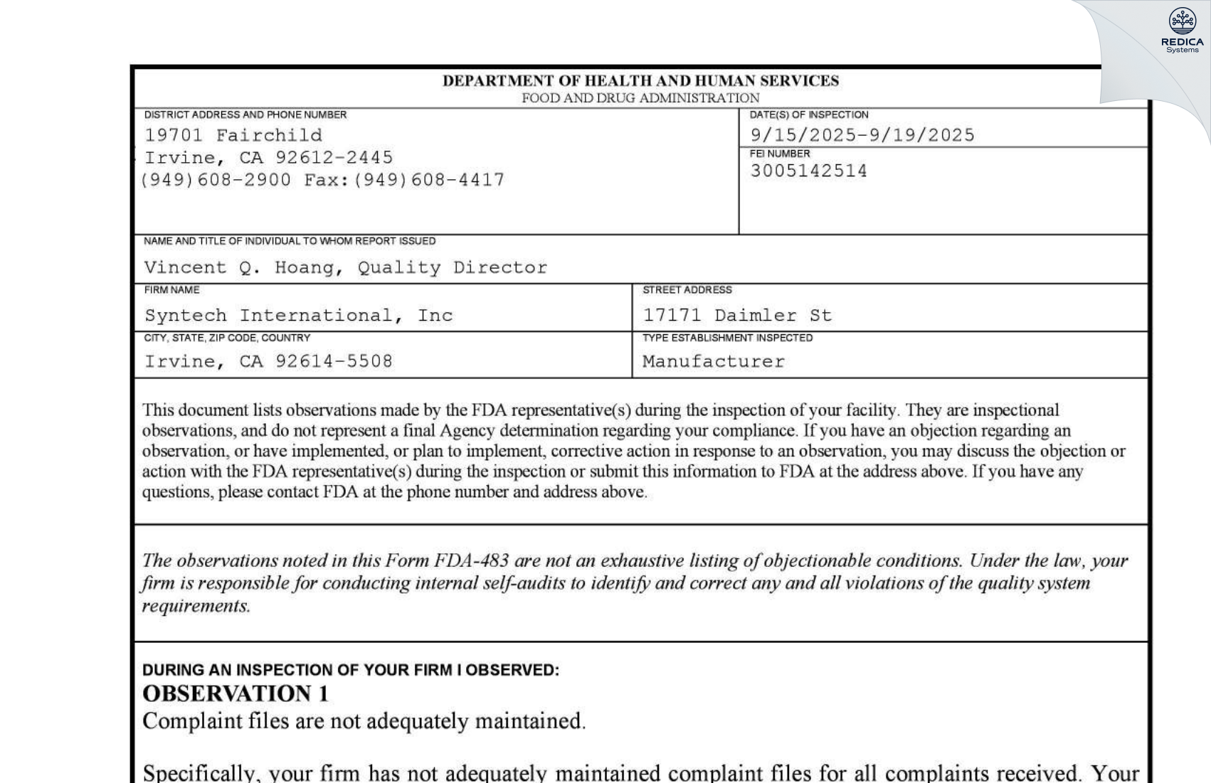 FDA 483 - Syntech International, Inc [Irvine / United States of America] - Download PDF - Redica Systems