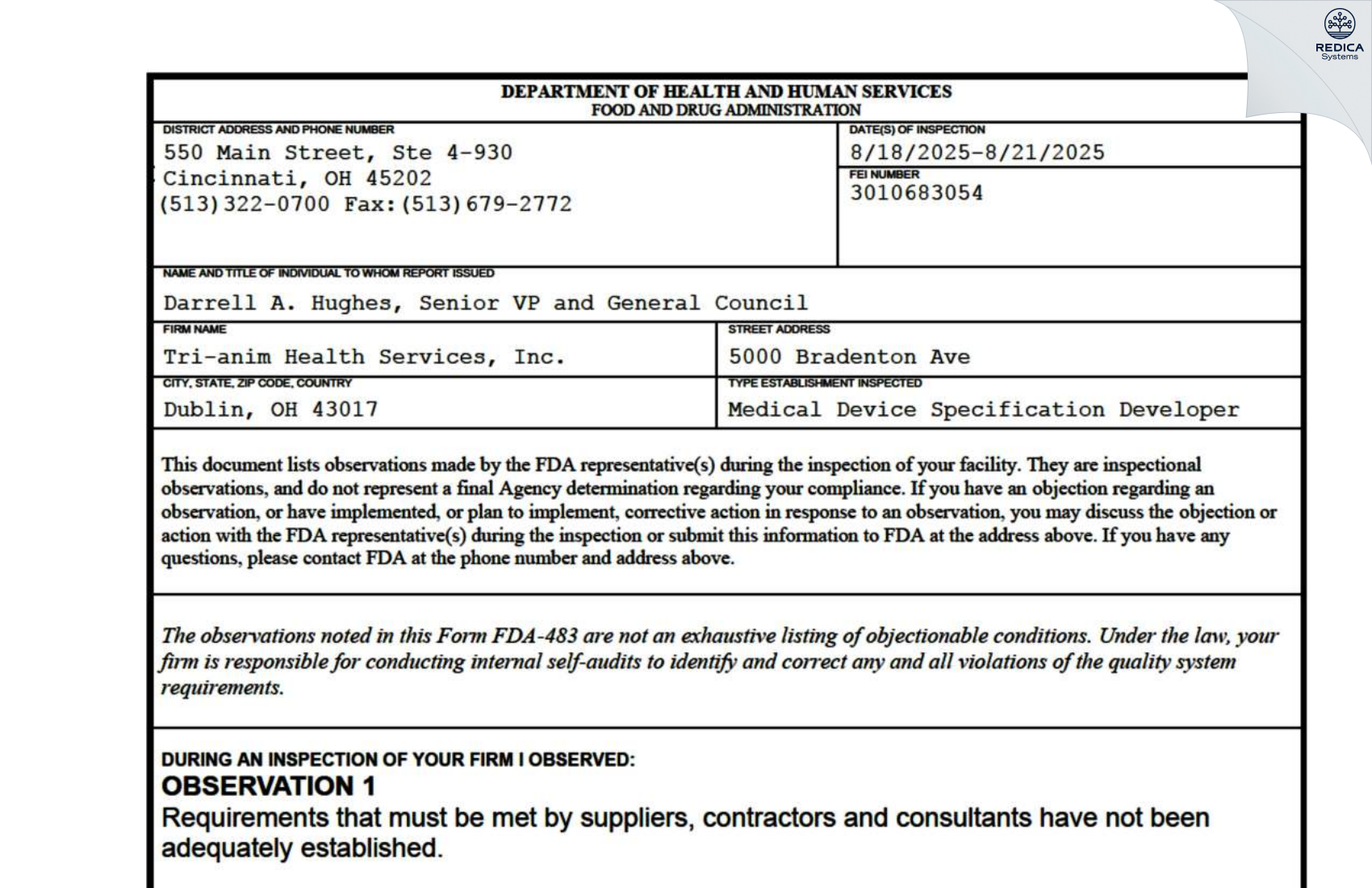 FDA 483 - TRI-ANIM HEALTH SERVICES, INC. [Dublin / United States of America] - Download PDF - Redica Systems