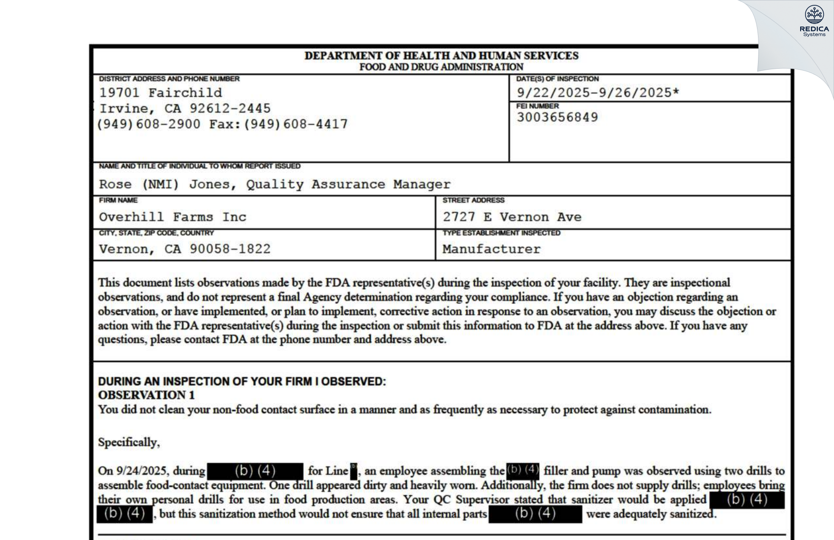 FDA 483 - Overhill Farms Inc [Vernon / United States of America] - Download PDF - Redica Systems