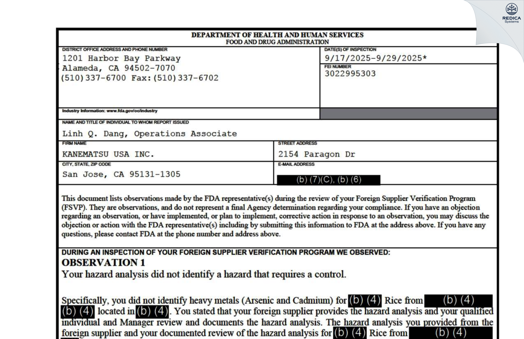 FDA 483 - KANEMATSU USA INC. [San Jose / United States of America] - Download PDF - Redica Systems