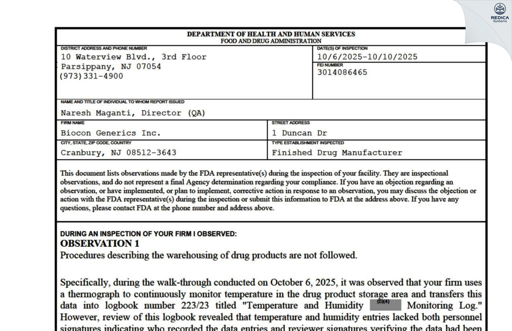FDA 483 - BIOCON GENERICS INC [Cranbury / United States of America] - Download PDF - Redica Systems
